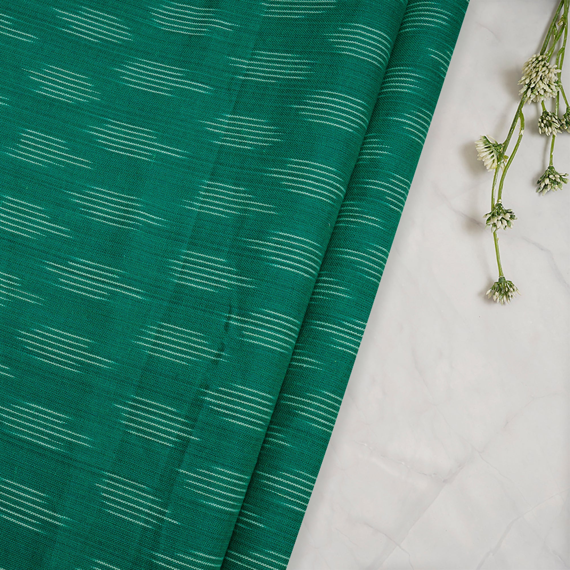 (Pre-Cut 2.51 Mtr)Green Washed Woven Ikat Cotton Fabric