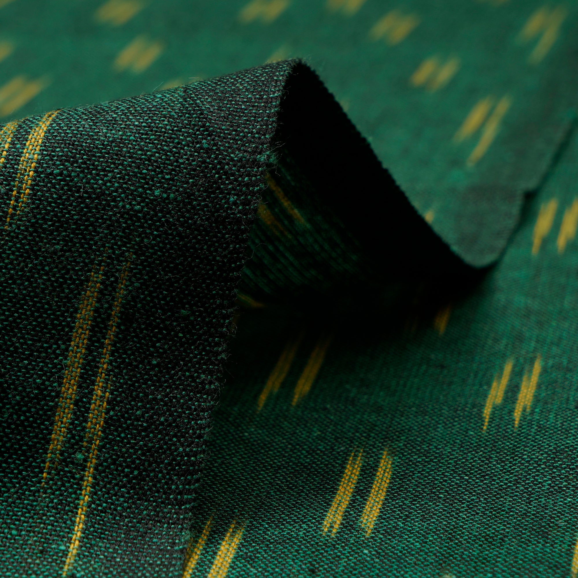 (Pre-Cut 3.90 Mtr)Dark Green Mercerized Washed Woven Ikat Cotton Fabric