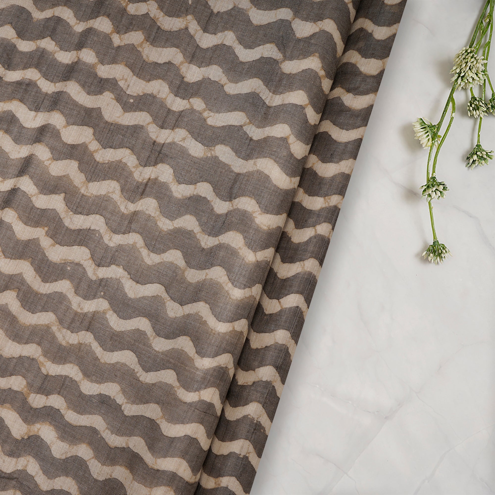(Pre-Cut 0.80 Mtr)Grey Color Digital Print Tussar Silk Fabric