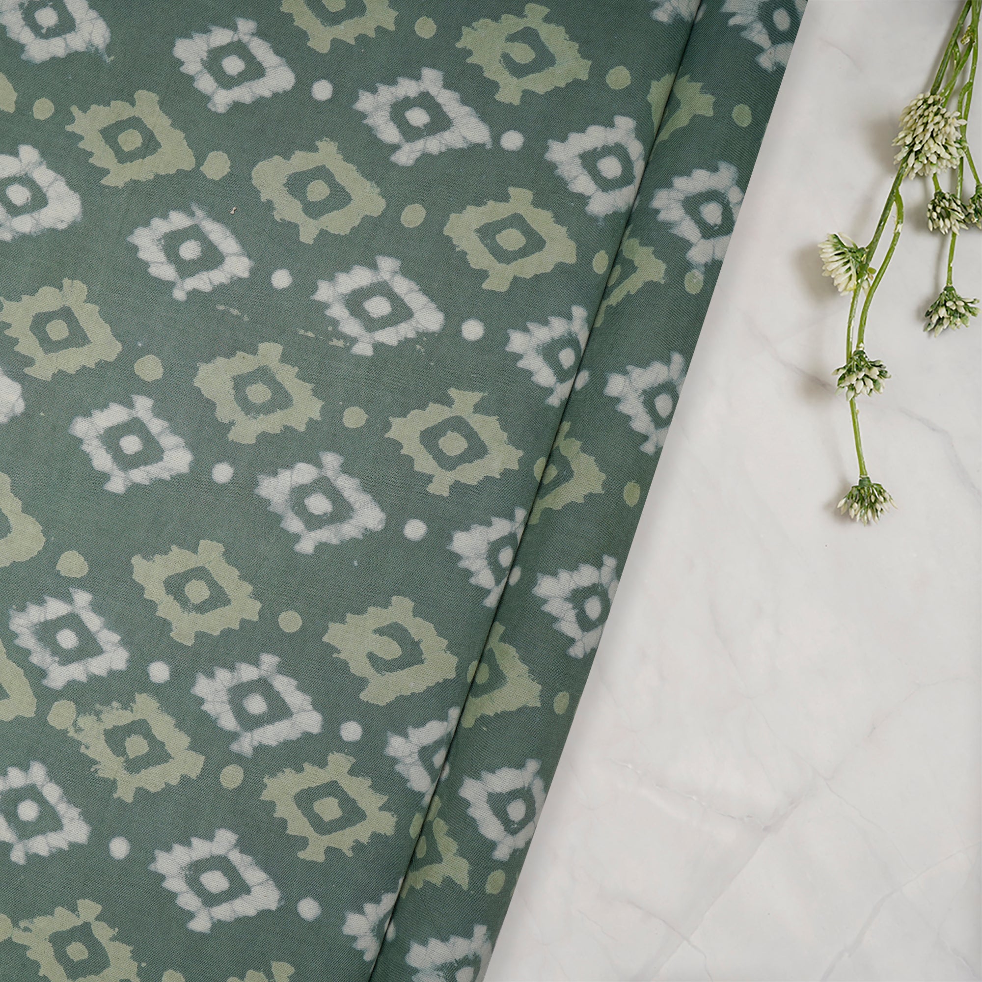 (Pre-Cut 2.20 Mtr)Green Hand Block Natural Dye Bagru Dabu Printed Cotton Fabric