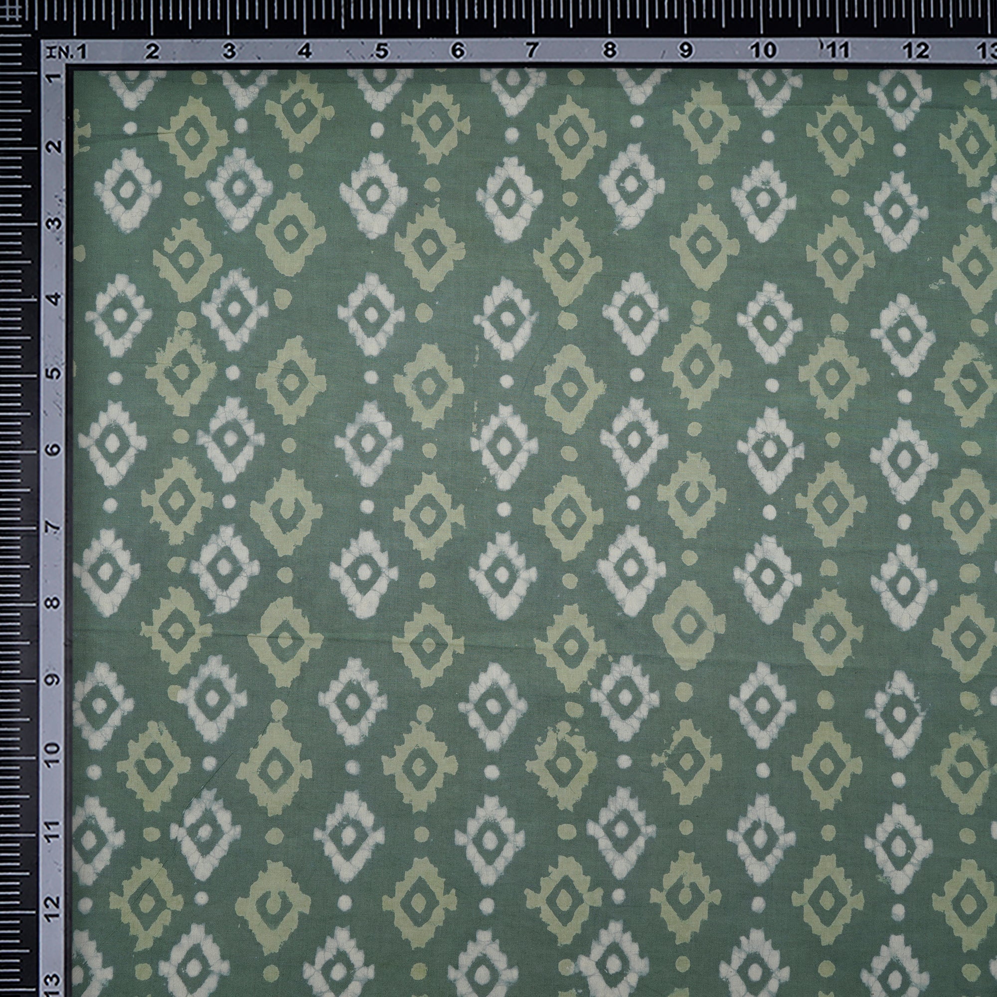 (Pre-Cut 2.20 Mtr)Green Hand Block Natural Dye Bagru Dabu Printed Cotton Fabric