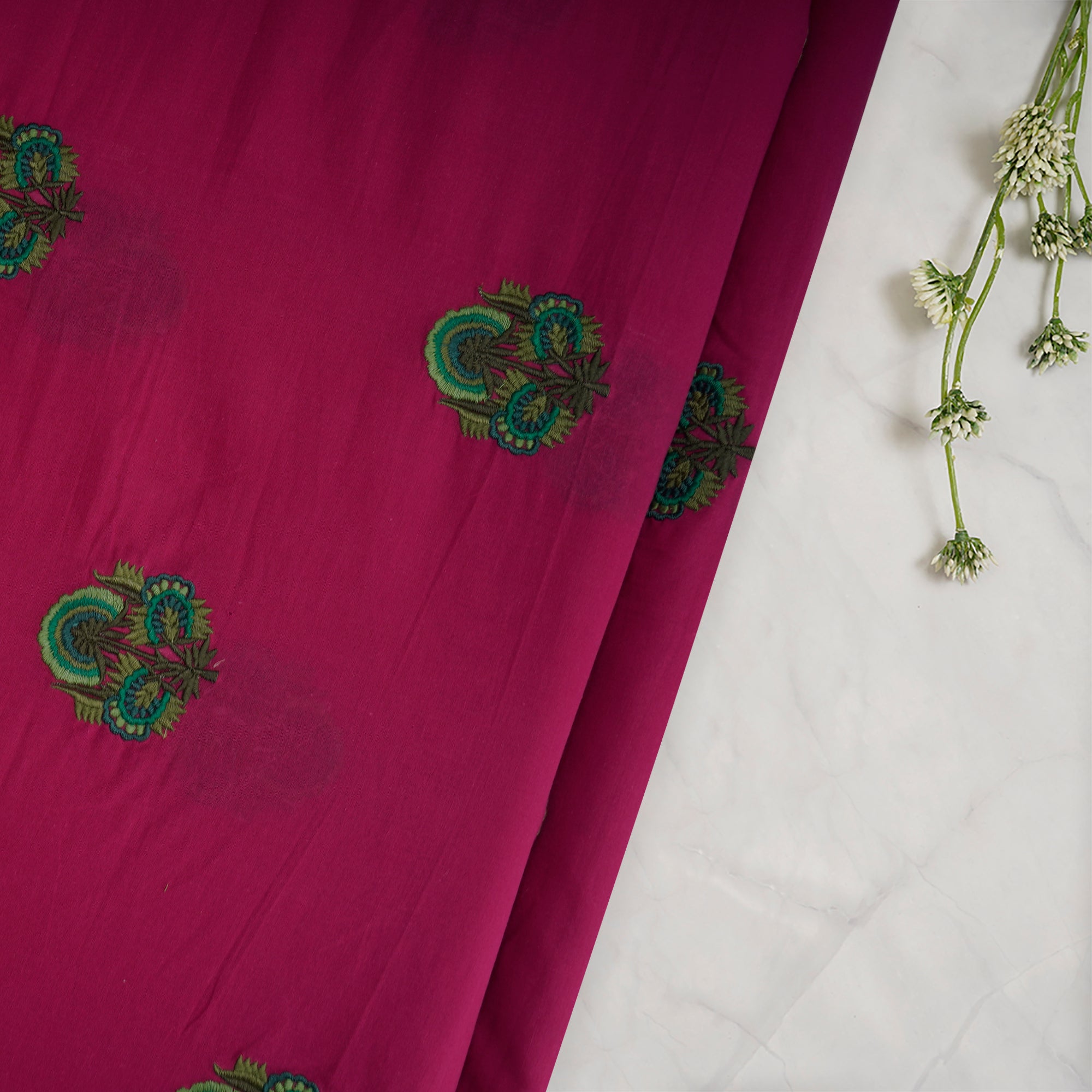 (Pre-Cut 2.75 Mtr) Raspberry Sorbet-Green Motif Pattern Thread Embroidered Cotton Fabric