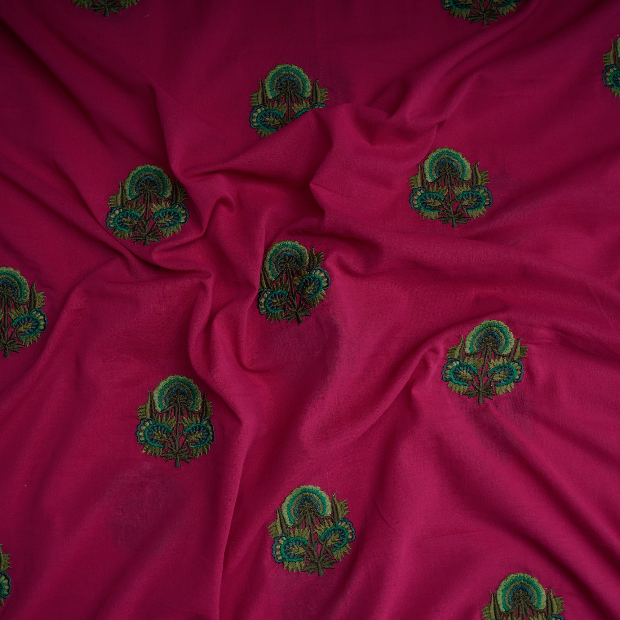 (Pre-Cut 2.75 Mtr) Raspberry Sorbet-Green Motif Pattern Thread Embroidered Cotton Fabric