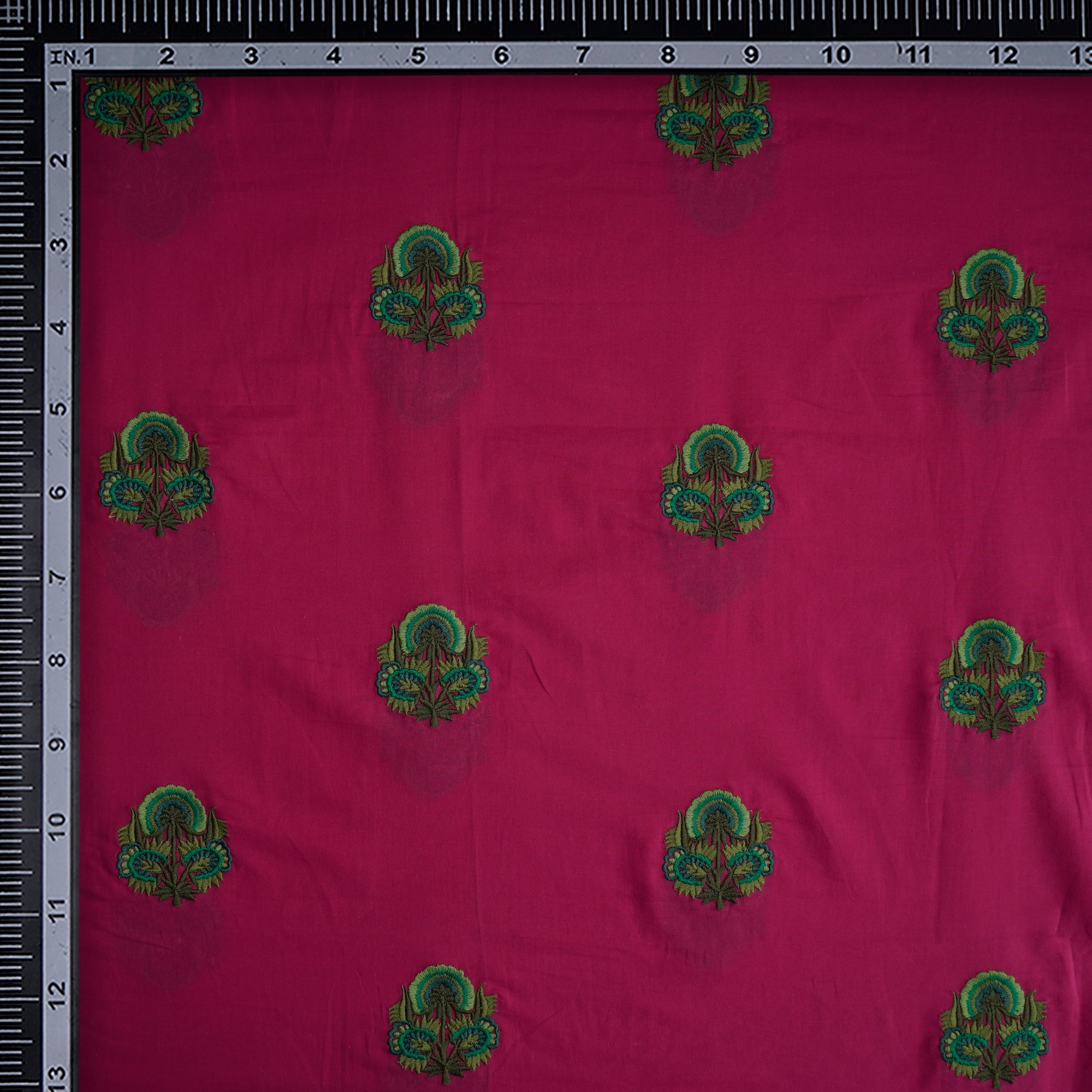 (Pre-Cut 2.75 Mtr) Raspberry Sorbet-Green Motif Pattern Thread Embroidered Cotton Fabric