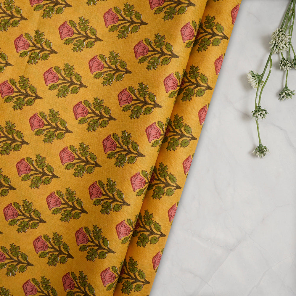 (Pre-Cut 0.90 Mtr)Yellow Floral Pattern Screen Print Cotton Fabric