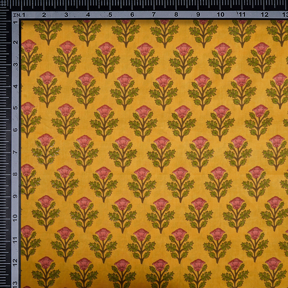 (Pre-Cut 0.90 Mtr)Yellow Floral Pattern Screen Print Cotton Fabric