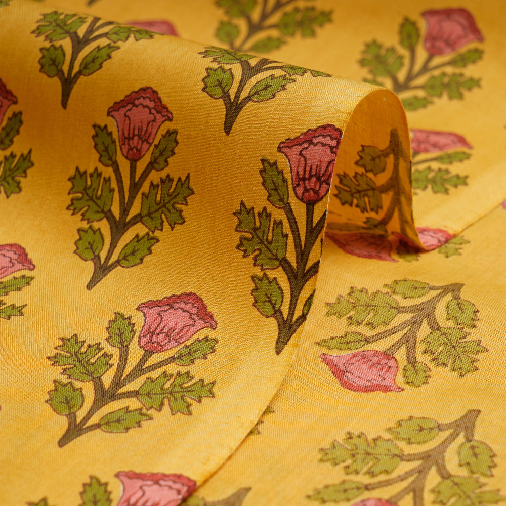 (Pre-Cut 0.90 Mtr)Yellow Floral Pattern Screen Print Cotton Fabric