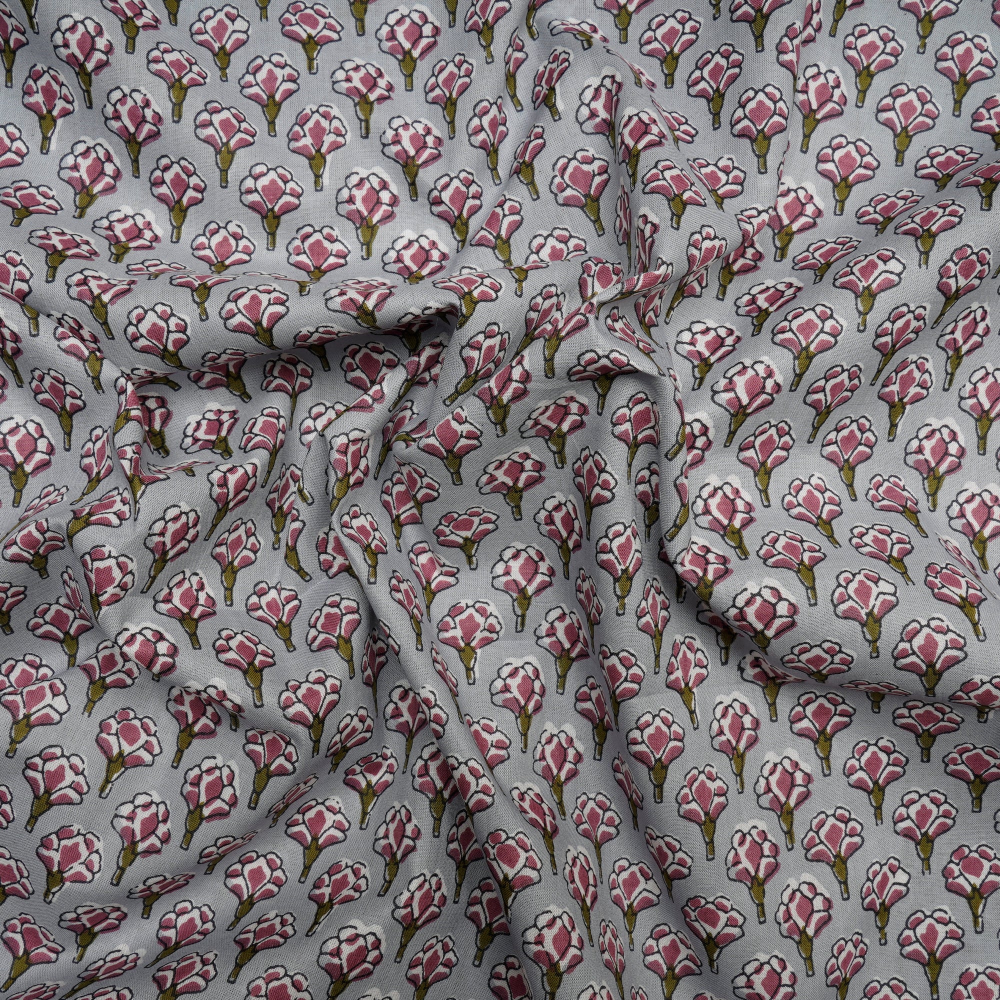 (Pre-Cut 1.00 Mtr)Mirage Grey Floral Pattern Screen Printed Cotton Fabric