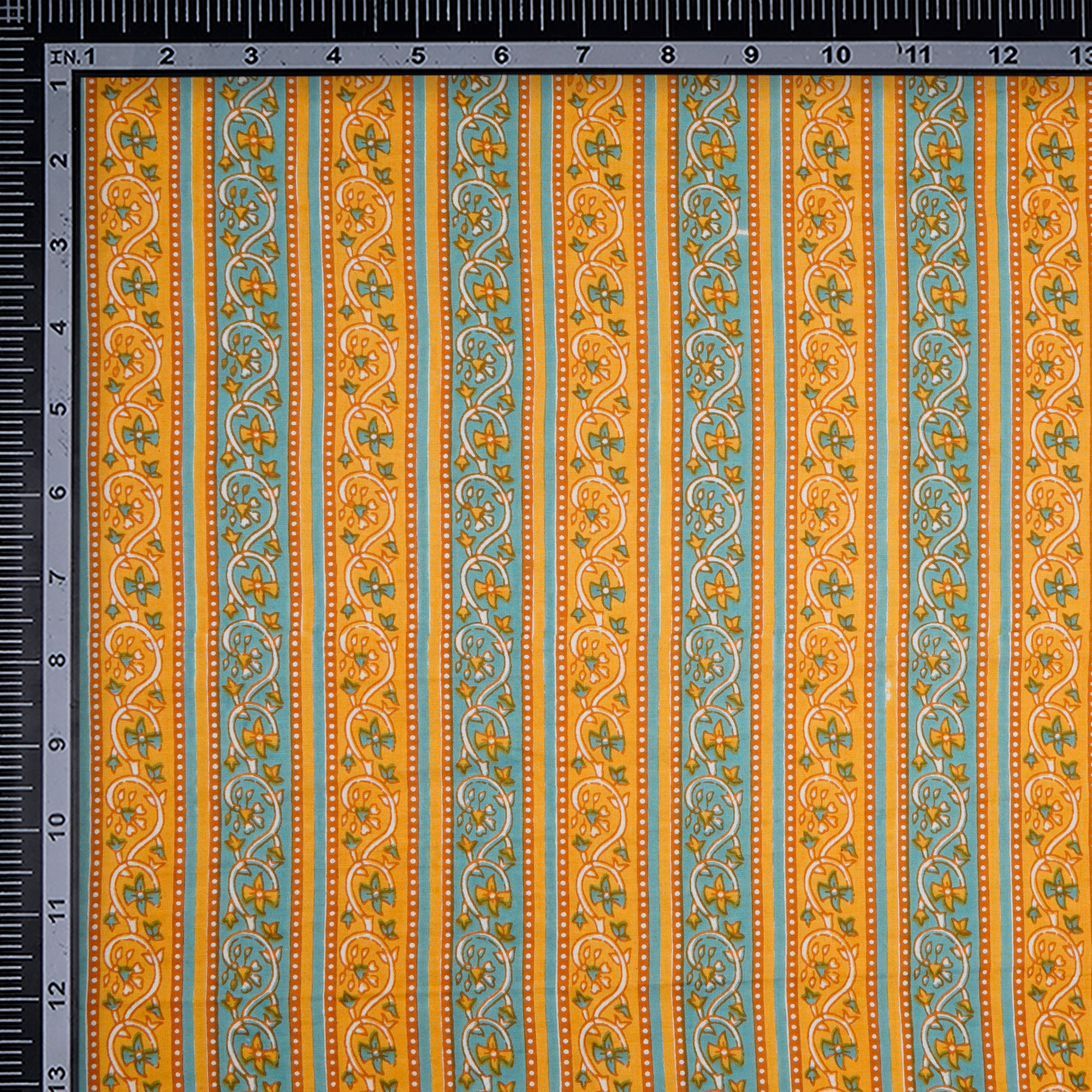 (Pre-Cut 2.00 Mtr)Yellow-Blue All Over Pattern Screen Printed Cotton Fabric