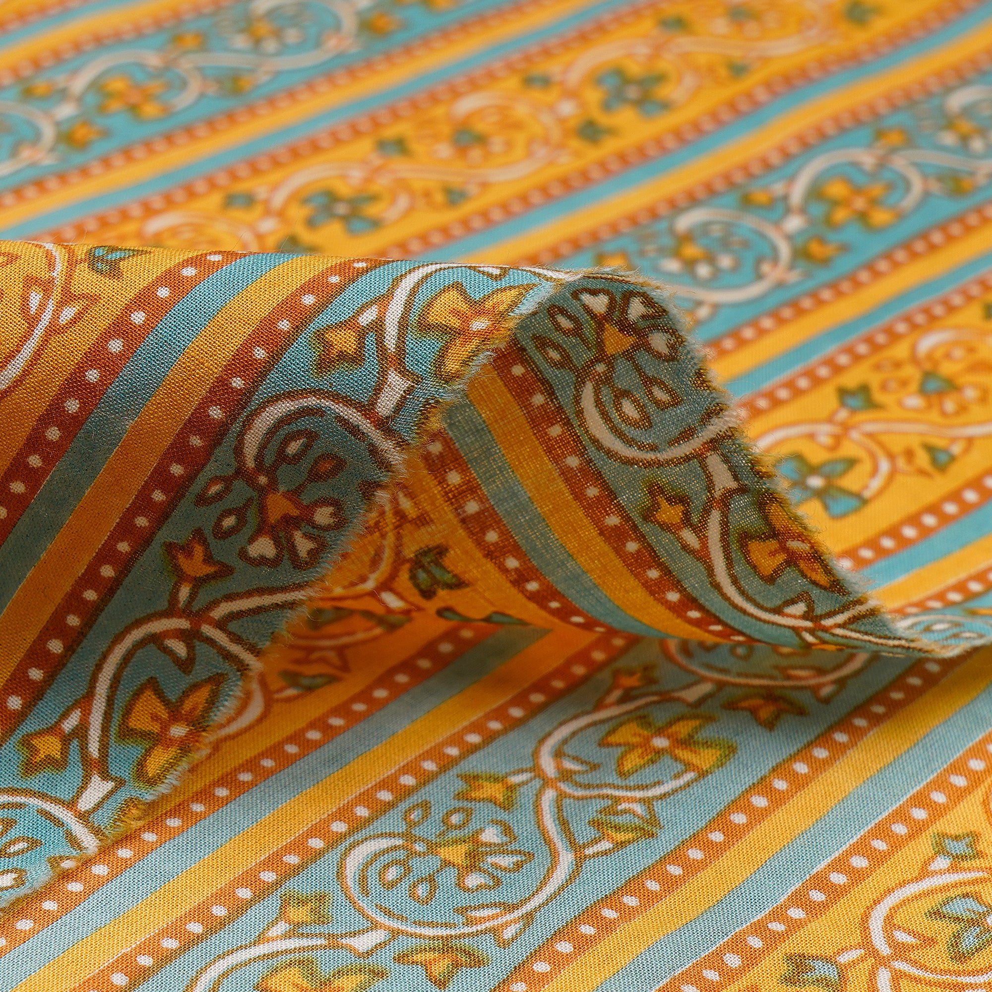 (Pre-Cut 2.00 Mtr)Yellow-Blue All Over Pattern Screen Printed Cotton Fabric