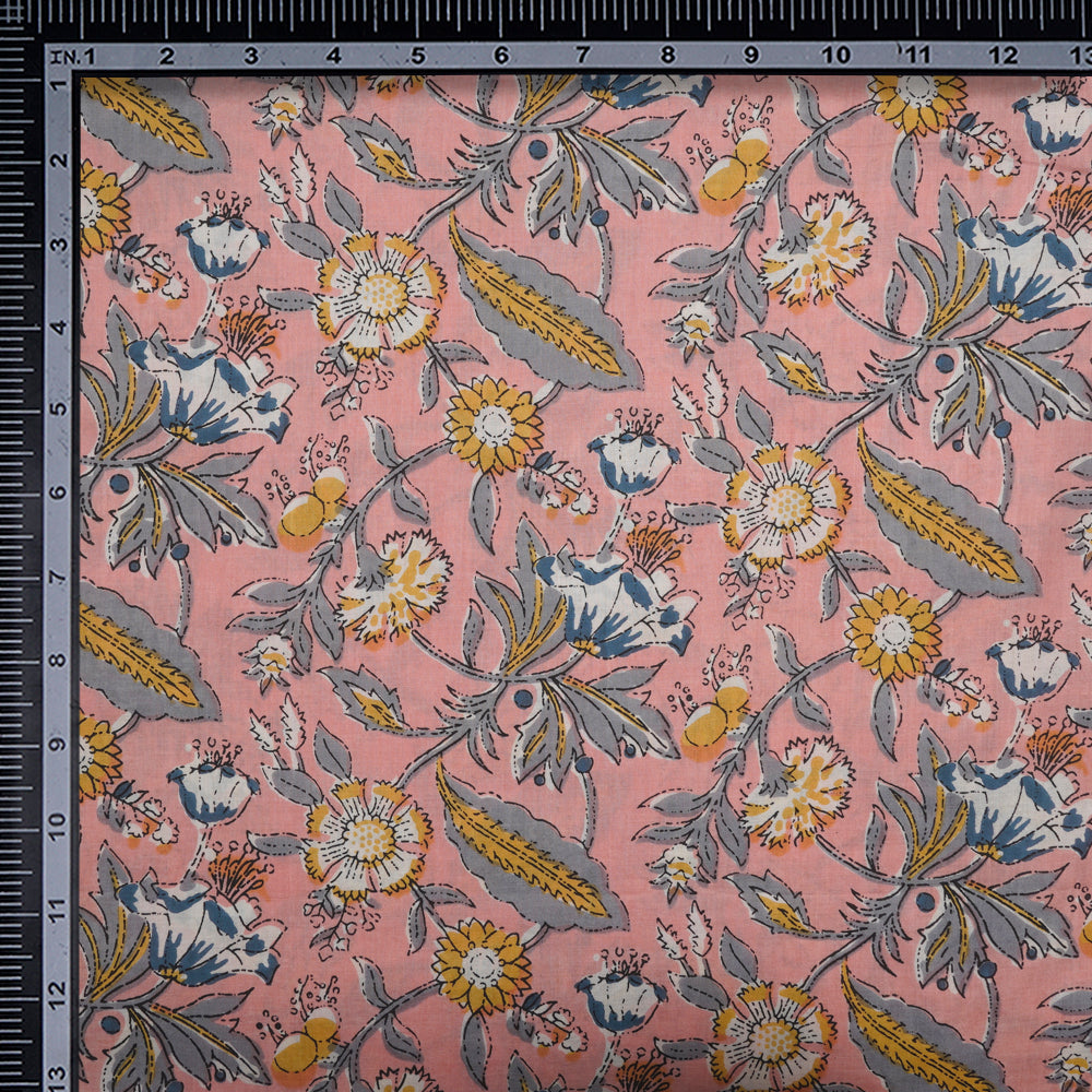 (Pre-Cut 1.55 Mtr) Peach Floral Pattern Hand Block Kalamkari Printed Cotton Fabric