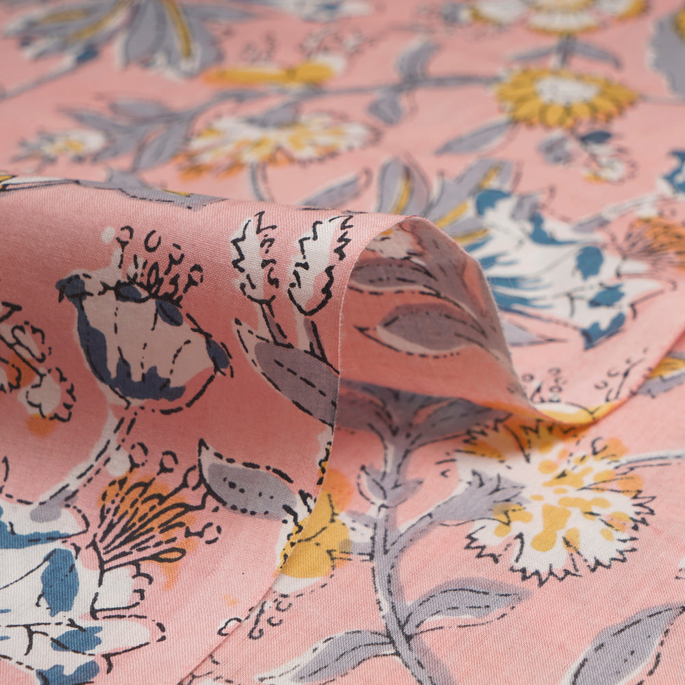 (Pre-Cut 1.55 Mtr) Peach Floral Pattern Hand Block Kalamkari Printed Cotton Fabric
