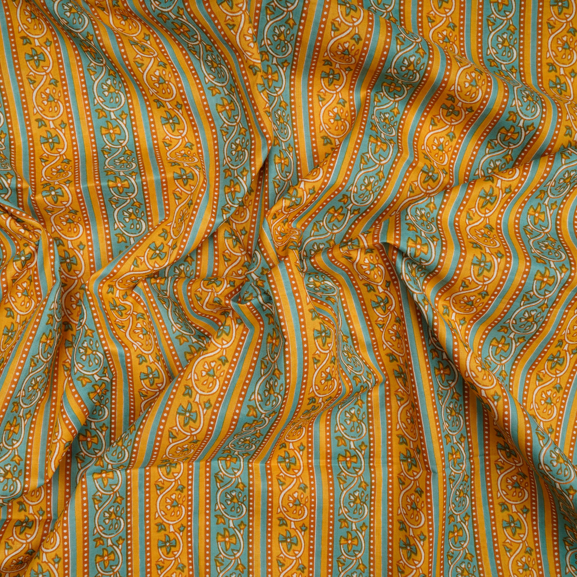 (Pre-Cut 1.56 Mtr)Yellow Floral Pattern Screen Print Cotton Fabric