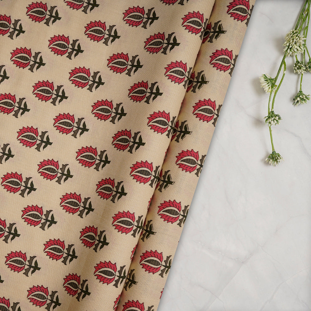 (Pre-Cut 2.50 Mtr)Beige Color Screen Print Cotton Fabric