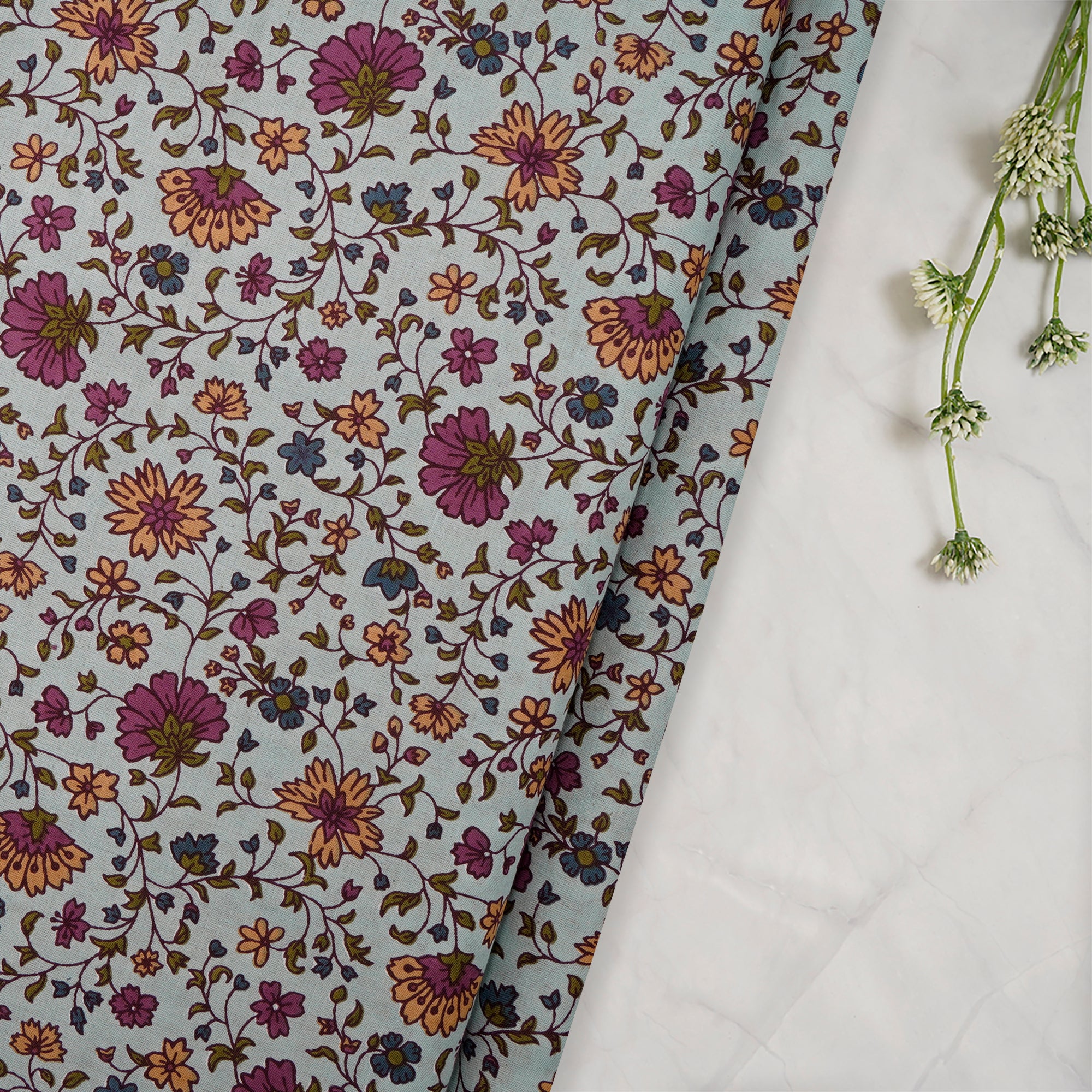 (Pre-Cut 3.10 Mtr)Multi Color Floral Pattern Screen Print Cotton Fabric