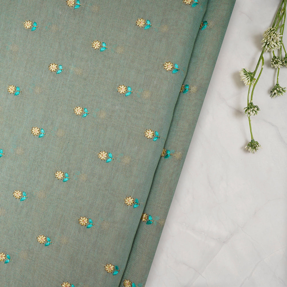 (Pre-Cut 2.00 Mtr)Green All Over Pattern Thread Embroidered Pure Tissue Chanderi Fabric