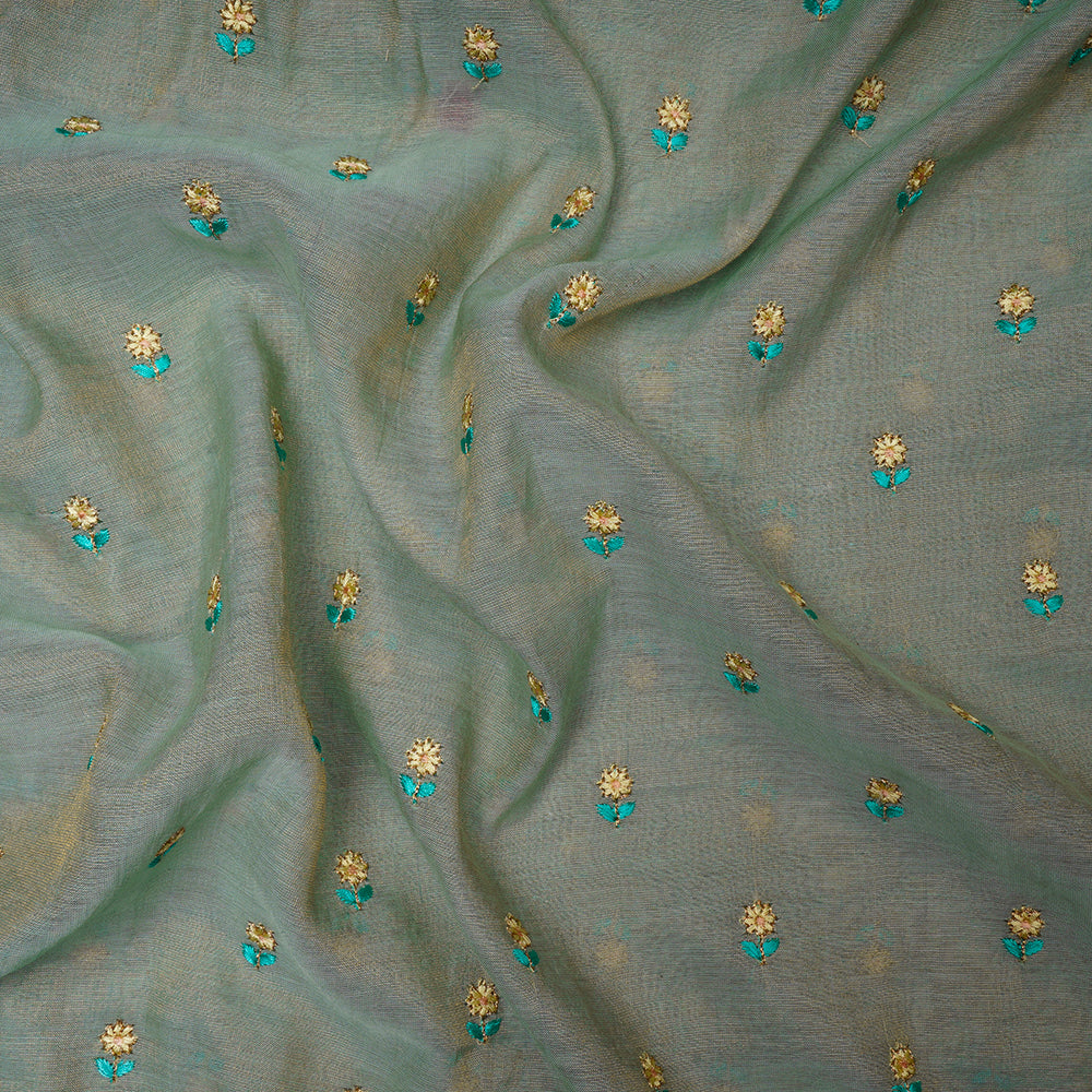 (Pre-Cut 2.00 Mtr)Green All Over Pattern Thread Embroidered Pure Tissue Chanderi Fabric