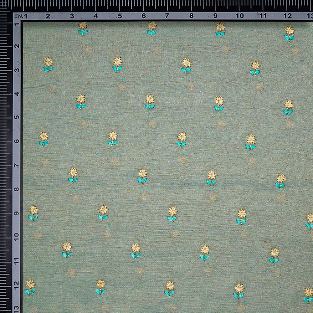 (Pre-Cut 2.00 Mtr)Green All Over Pattern Thread Embroidered Pure Tissue Chanderi Fabric