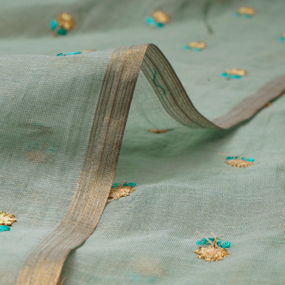 (Pre-Cut 2.00 Mtr)Green All Over Pattern Thread Embroidered Pure Tissue Chanderi Fabric