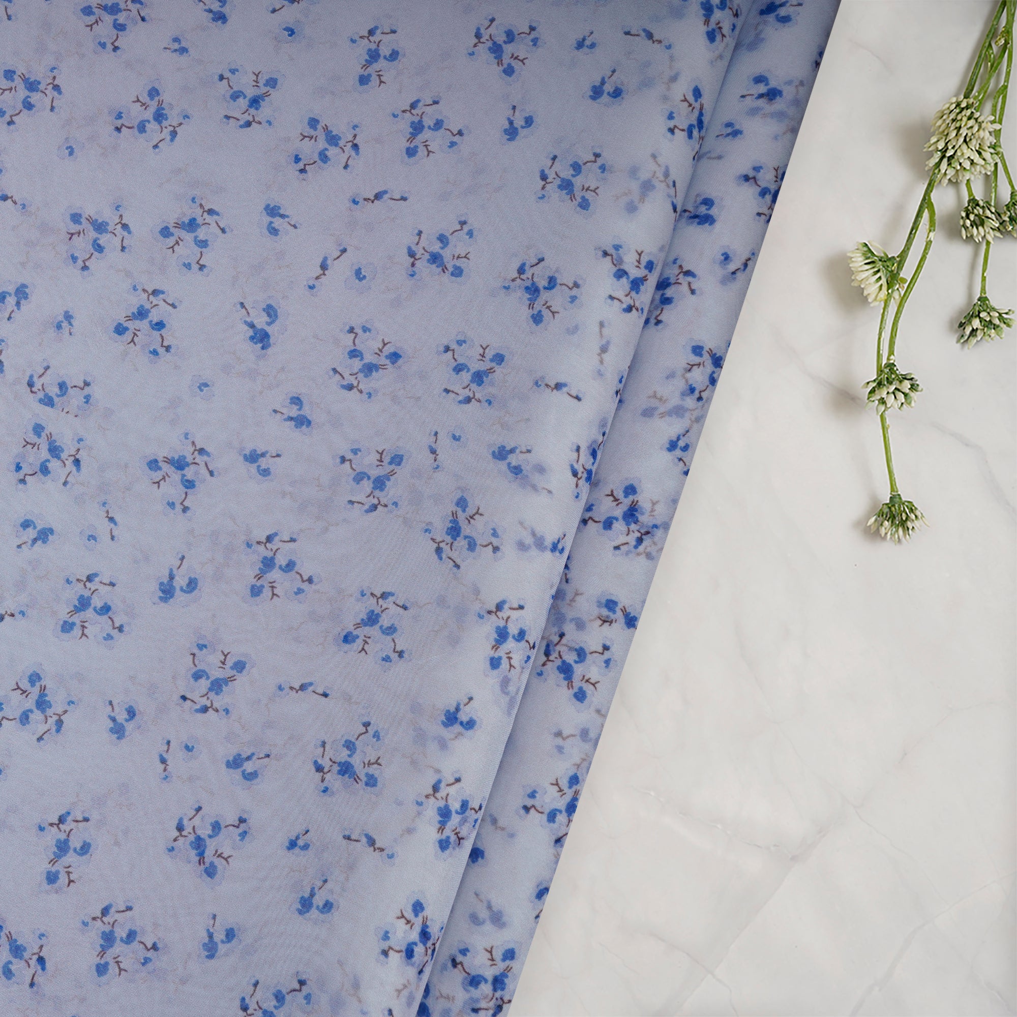 (Pre-Cut 2.20 Mtr)Blue Floral Pattern Digital Printed Viscose Organza Fabric