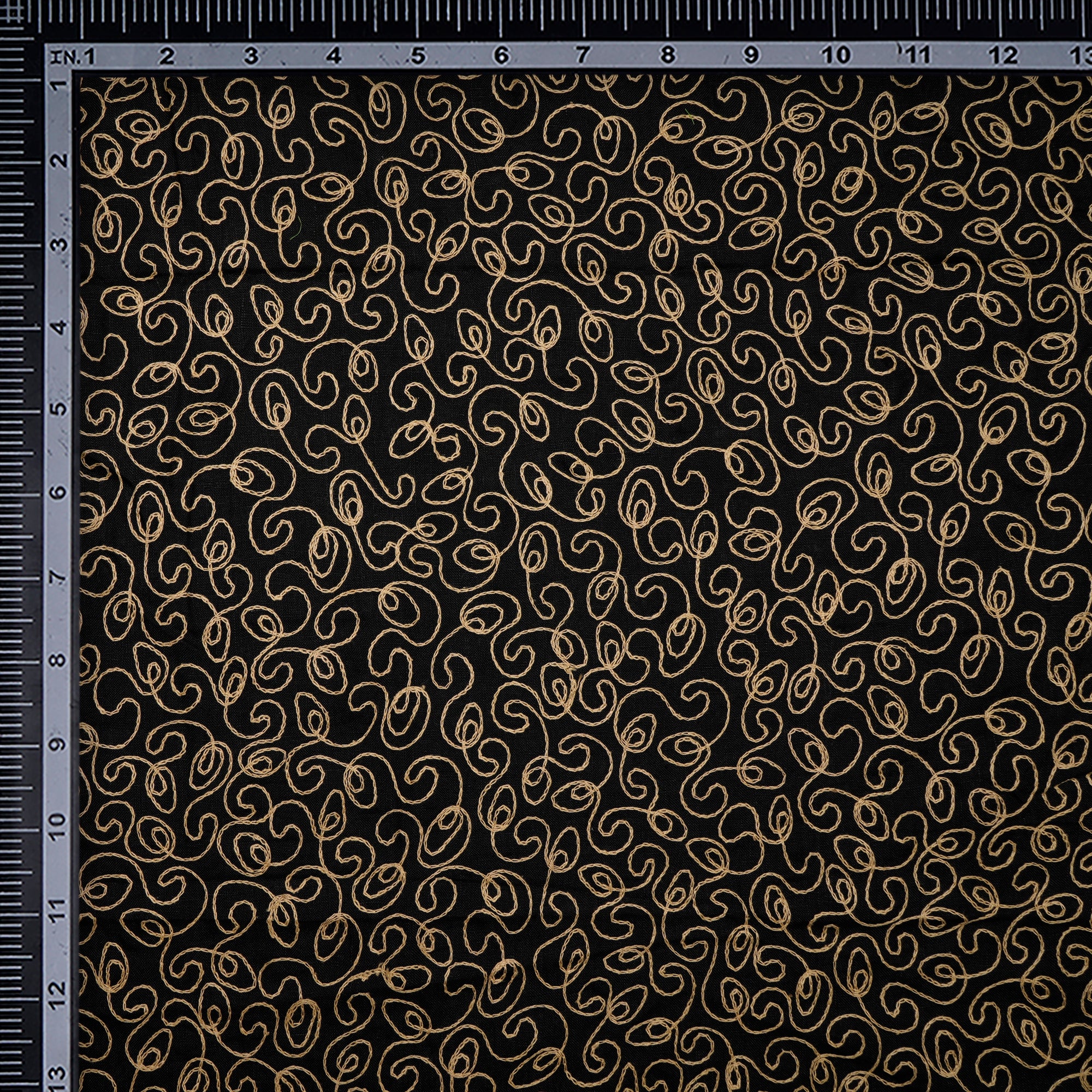 (Pre-Cut 1.80 Mtr)Black All Over Pattern Thread Embroidered Flax Fabric