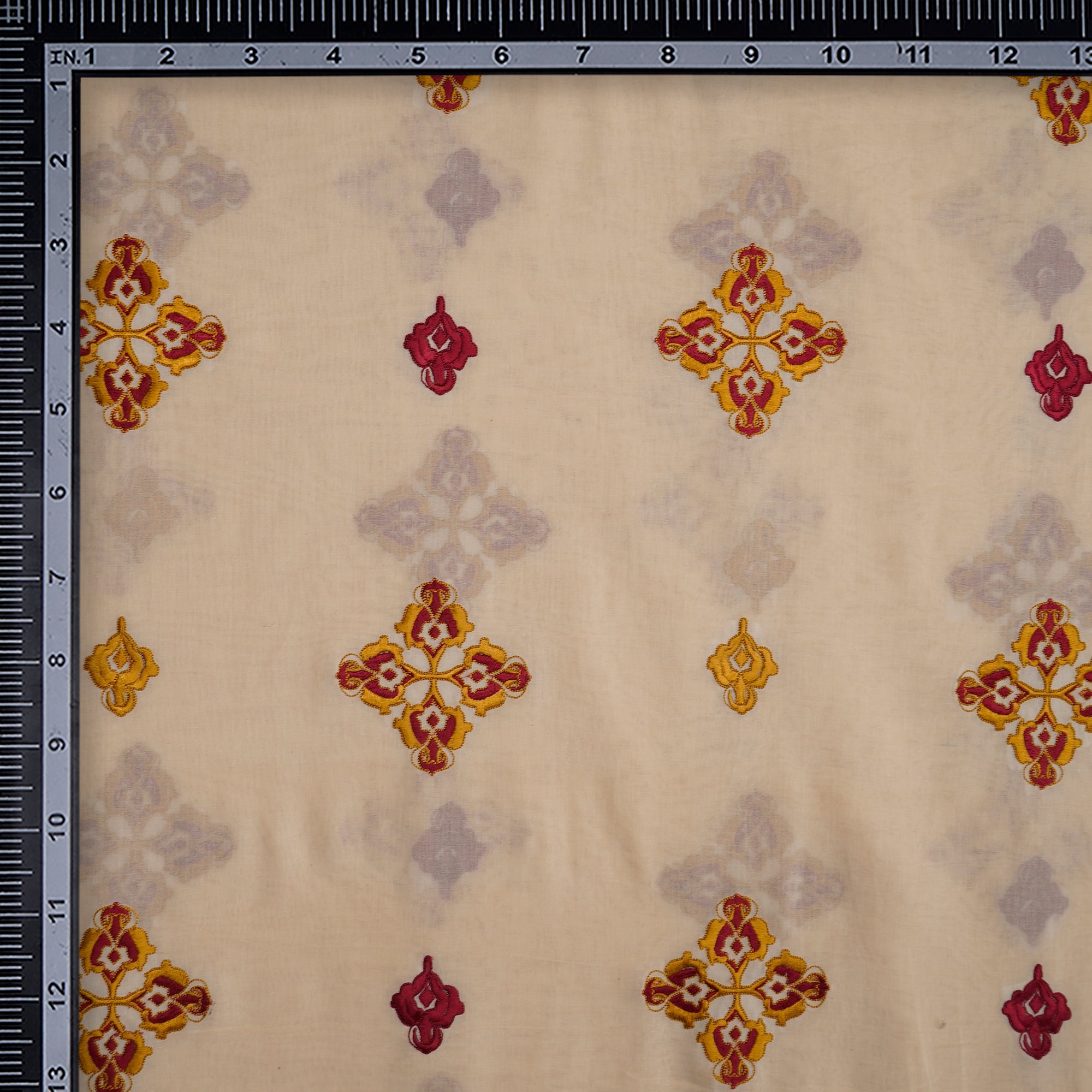 (Pre-Cut 4.30 Mtr) Cream Motif Pattern Thread Embroidered Cotton Fabric