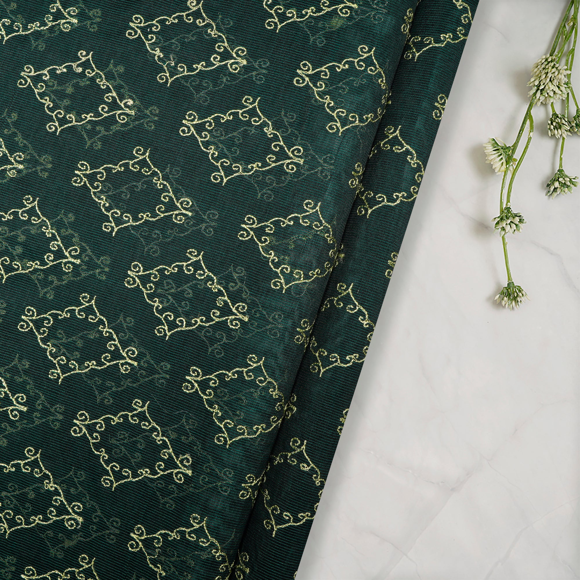 (Pre-Cut 2.50 Mtr)Posy Green All Over Pattern Thread Embroidered Fine Chanderi Fabric