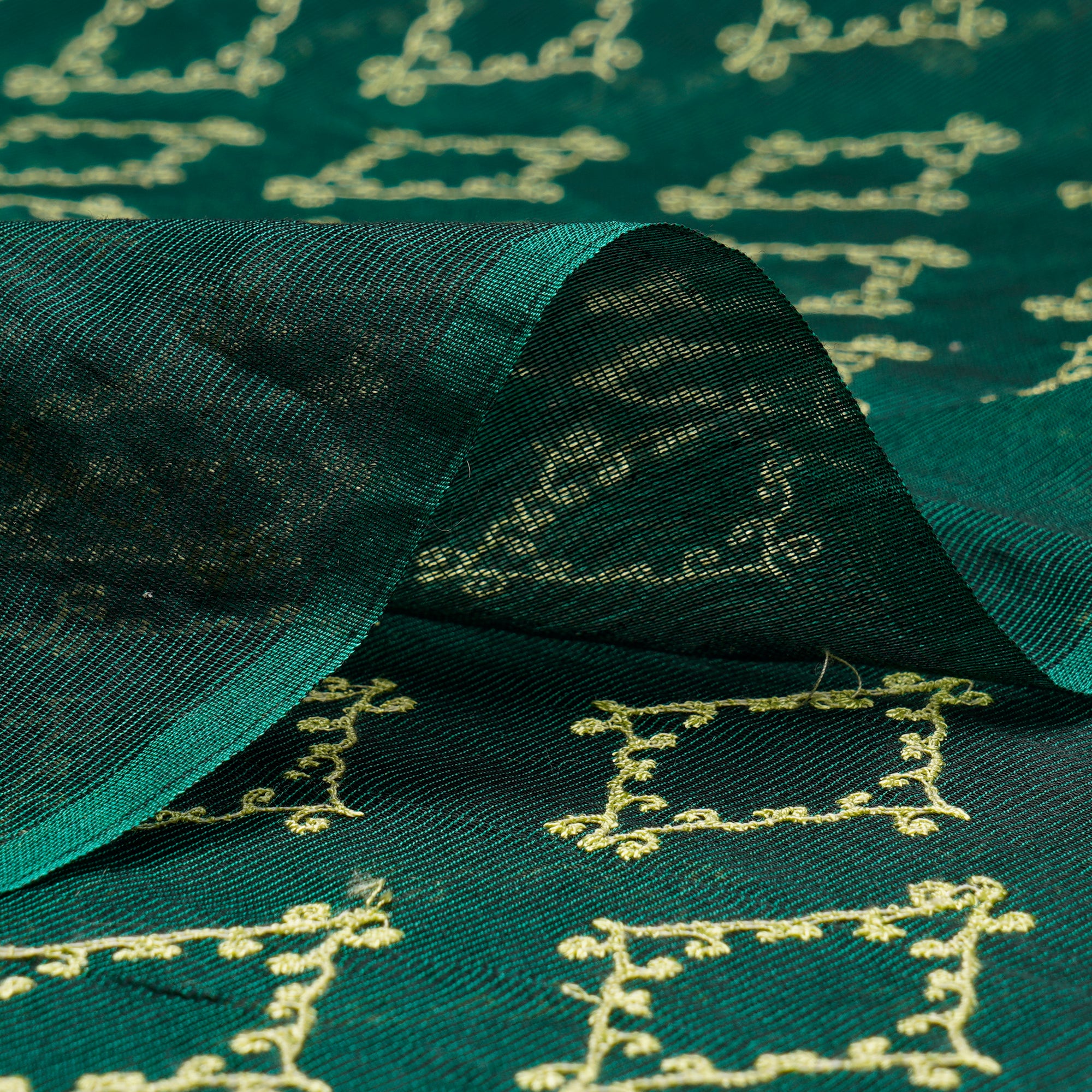 (Pre-Cut 2.50 Mtr)Posy Green All Over Pattern Thread Embroidered Fine Chanderi Fabric