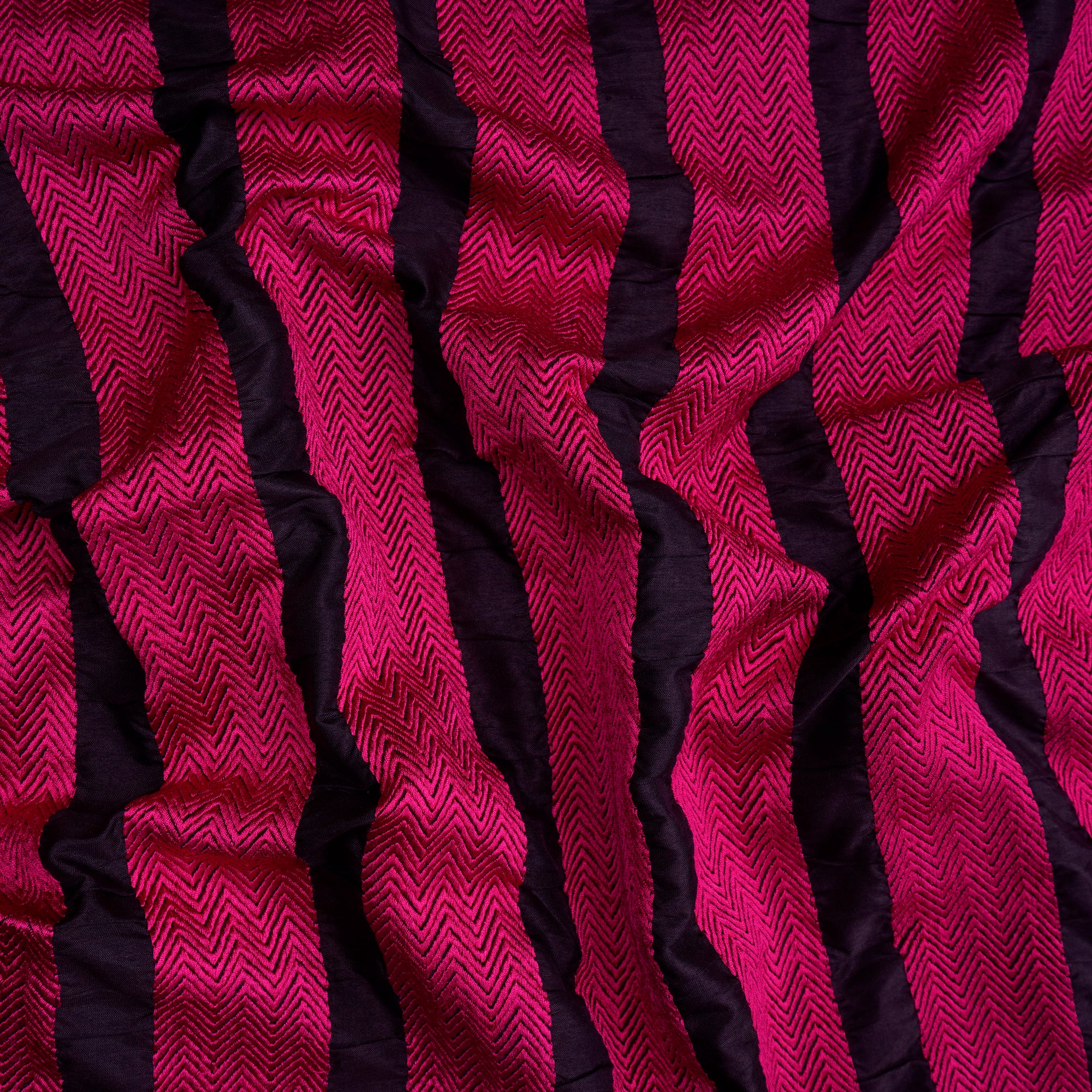 (Pre-Cut 4.50 Mtr) Black-Pink Stripe Pattern Thread Embroidered Polyester Fabric