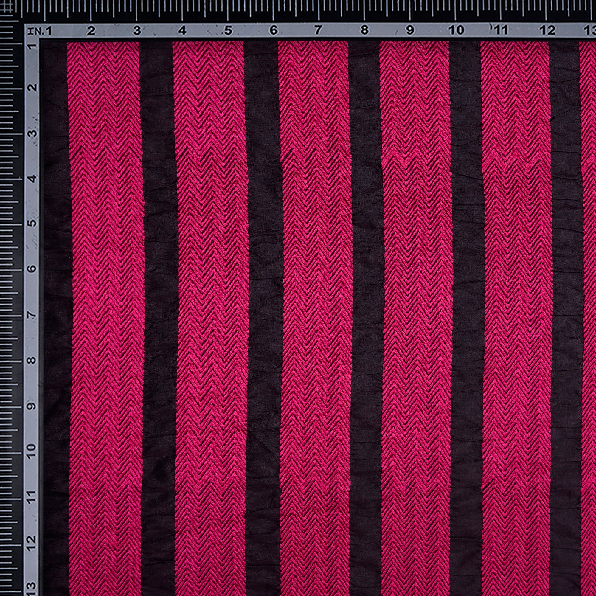 (Pre-Cut 4.50 Mtr) Black-Pink Stripe Pattern Thread Embroidered Polyester Fabric