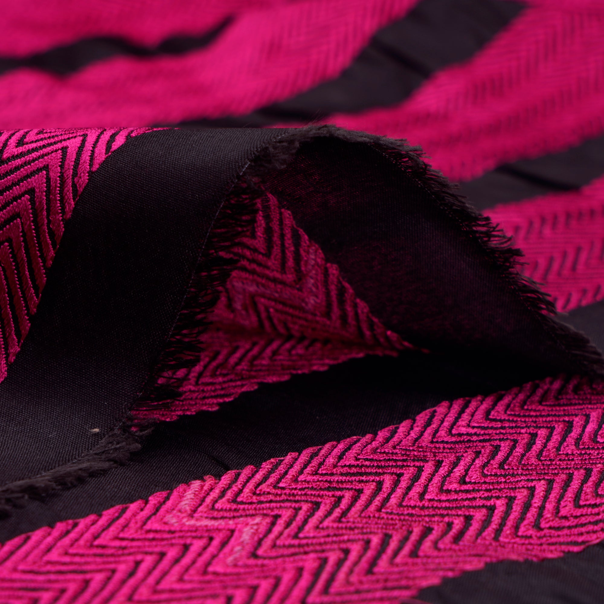 (Pre-Cut 4.50 Mtr) Black-Pink Stripe Pattern Thread Embroidered Polyester Fabric