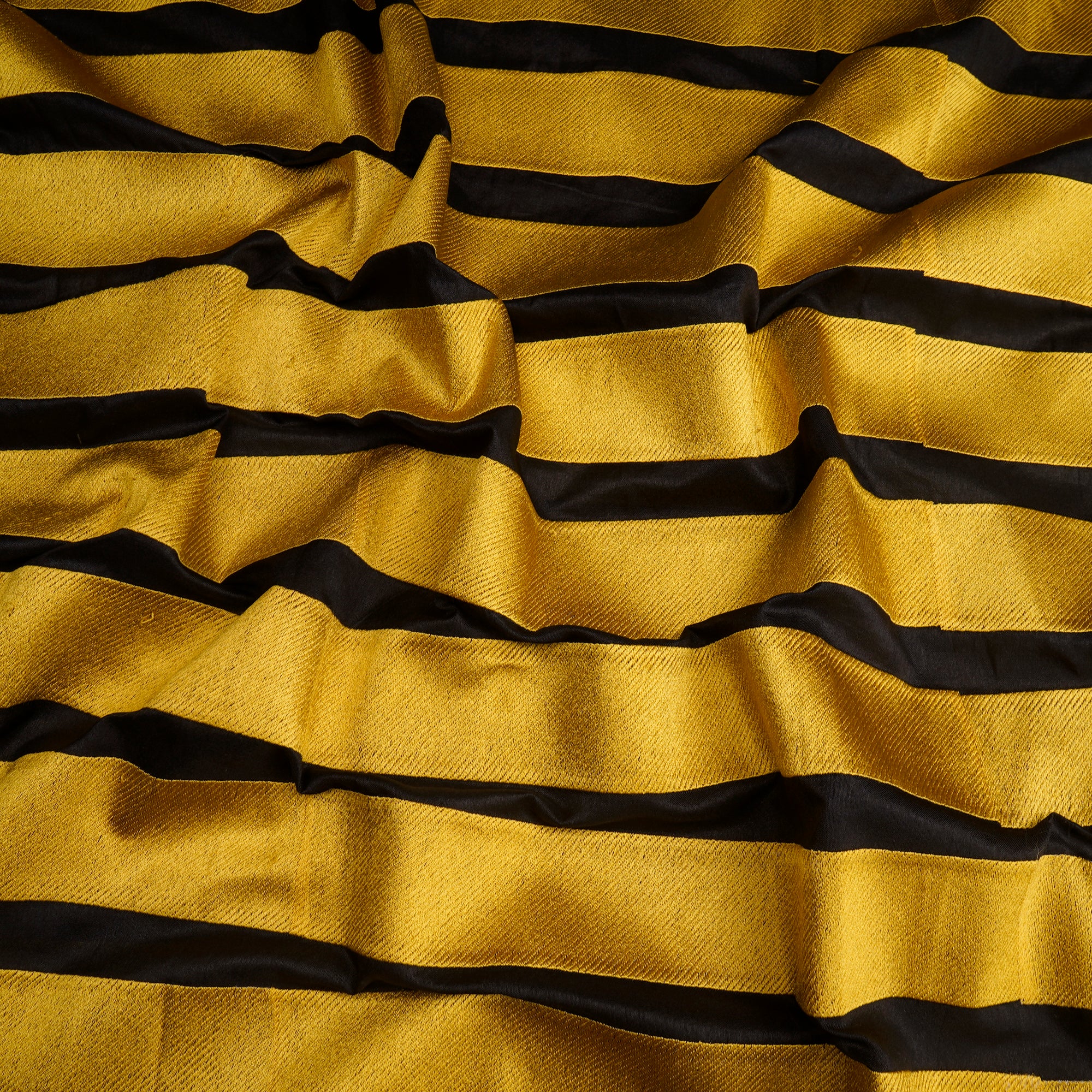 (Pre-Cut 2.75 Mtr) Black-Yellow Stripe Pattern Thread Embroidered Polyester Fabric