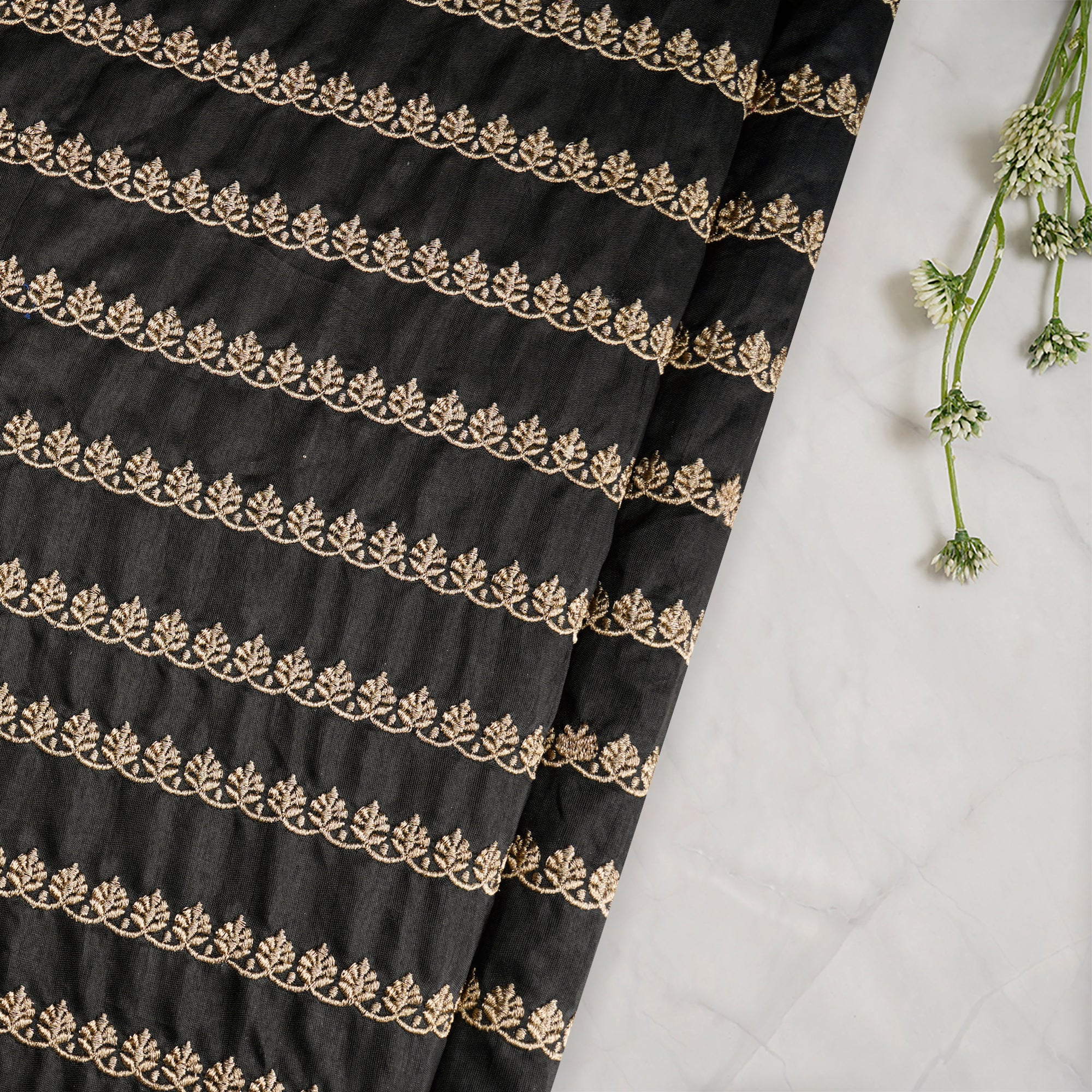 (Pre-Cut 1.85 Mtr) Black Stripe Pattern Zari Embroidered Polyester Fabric