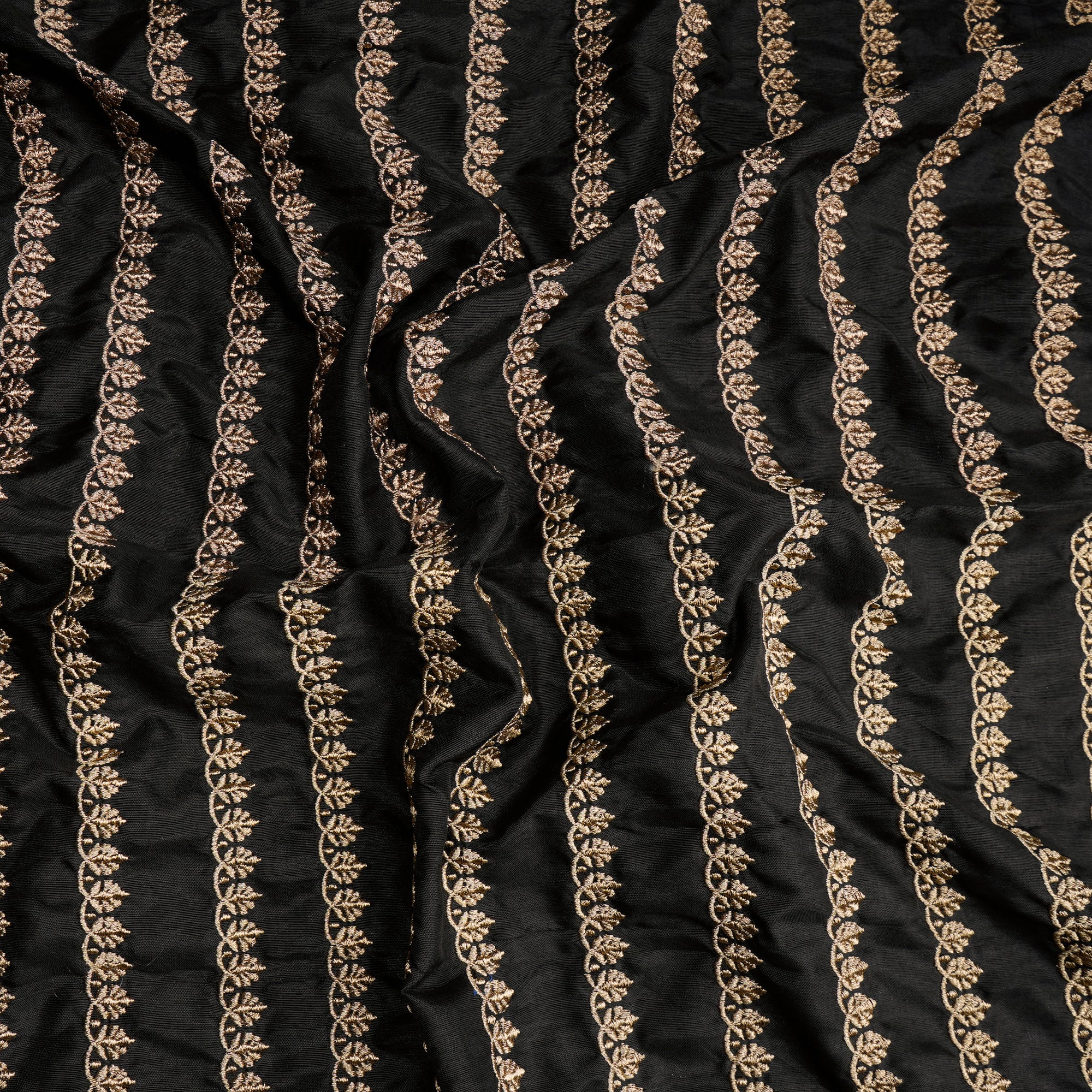 (Pre-Cut 1.85 Mtr) Black Stripe Pattern Zari Embroidered Polyester Fabric