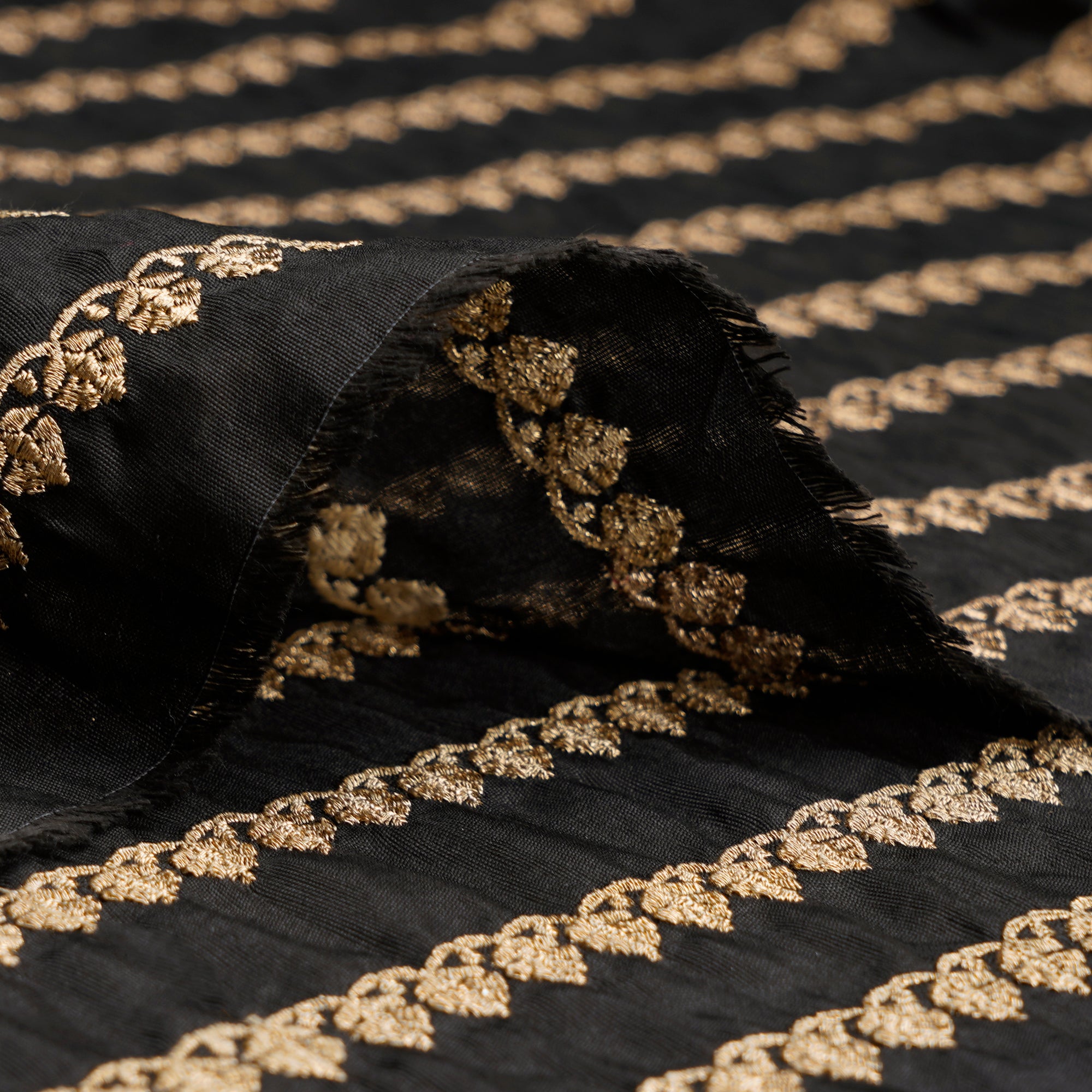 (Pre-Cut 2.30 Mtr) Black Striped Pattern Zari Embroidered Polyester Fabric