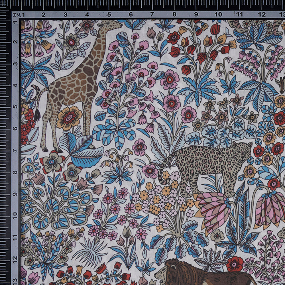 (Pre-Cut 2.60 Mtr)Multi Color Floral Pattern Screen Print Cambric Cotton Fabric