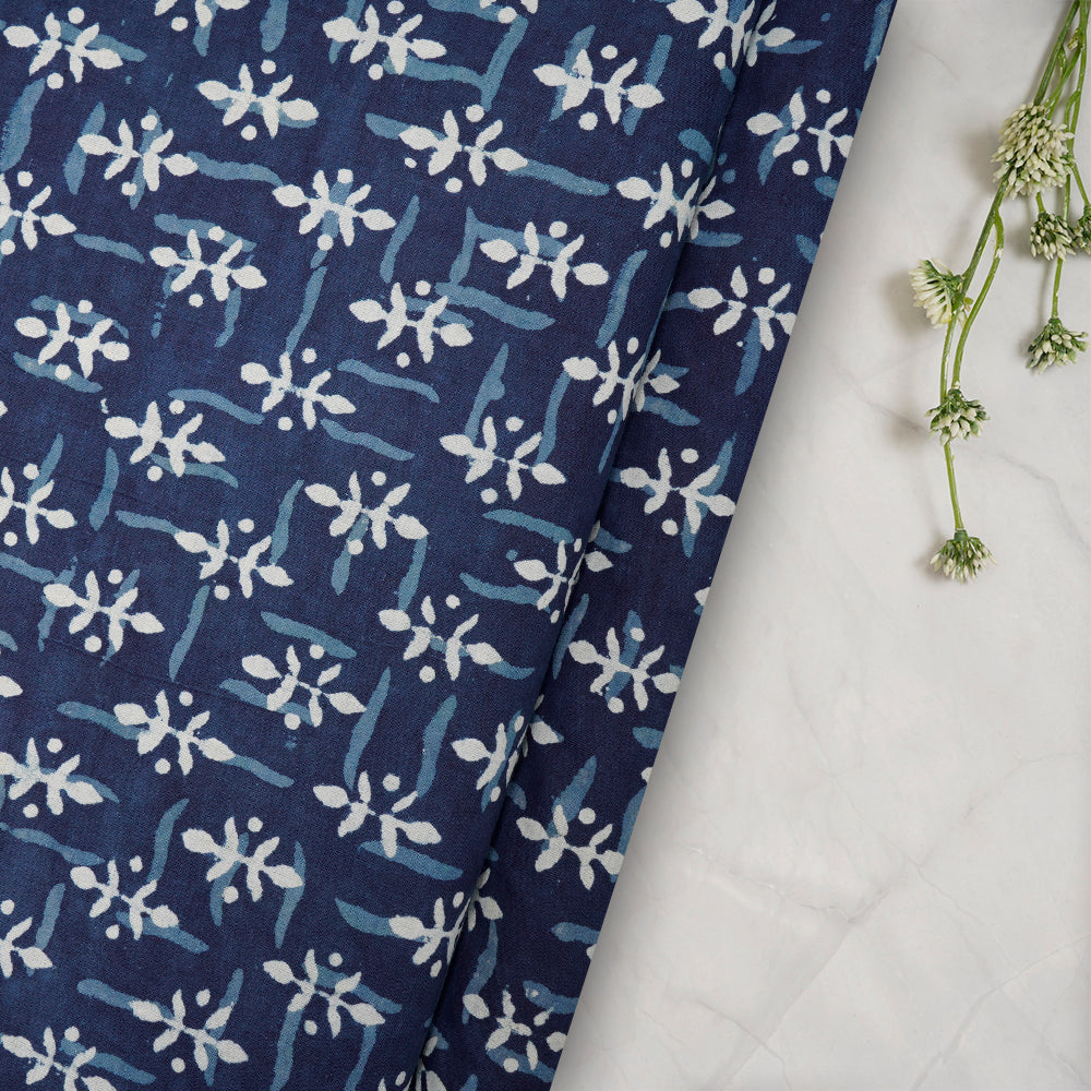 (Pre-Cut 0.50 Mtr)Blue Color Hand Block Bagru Natural Dye Indigo Printed Cotton Fabric
