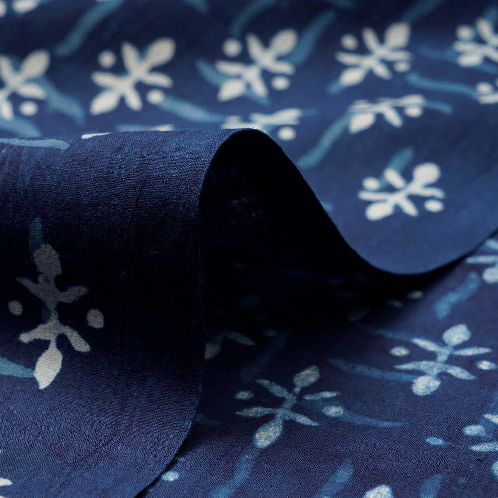 (Pre-Cut 0.50 Mtr)Blue Color Hand Block Bagru Natural Dye Indigo Printed Cotton Fabric