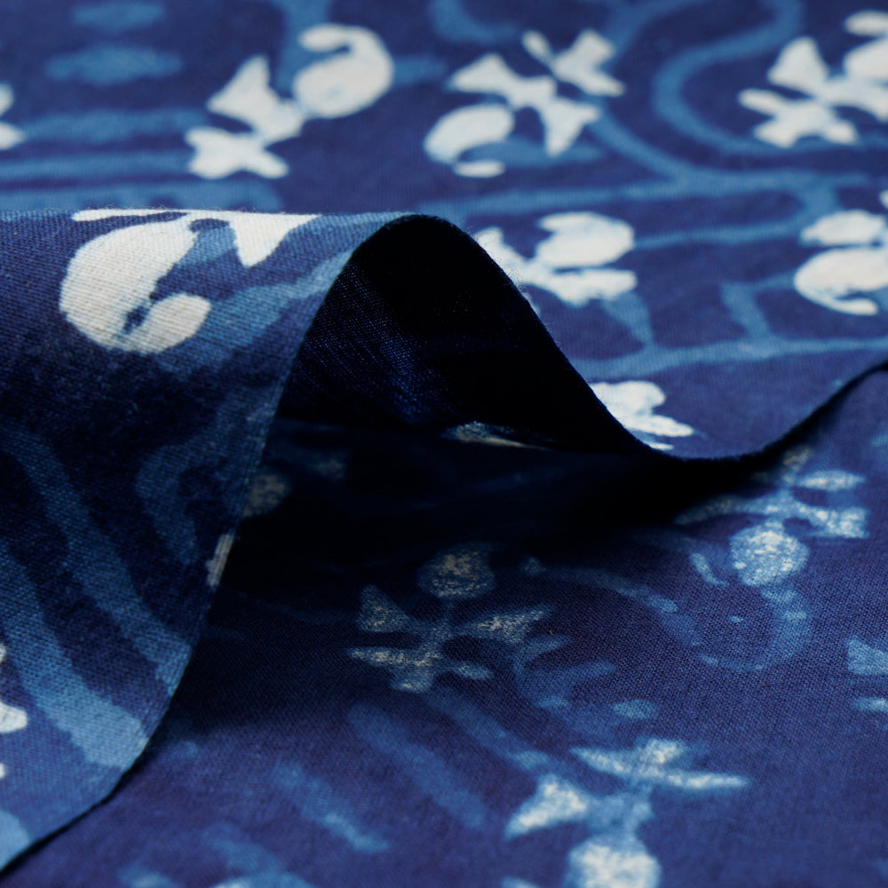 (Pre-Cut 1.00Mtr)Blue Color Hand Block Bagru Natural Dye Indigo Printed Cotton Fabric
