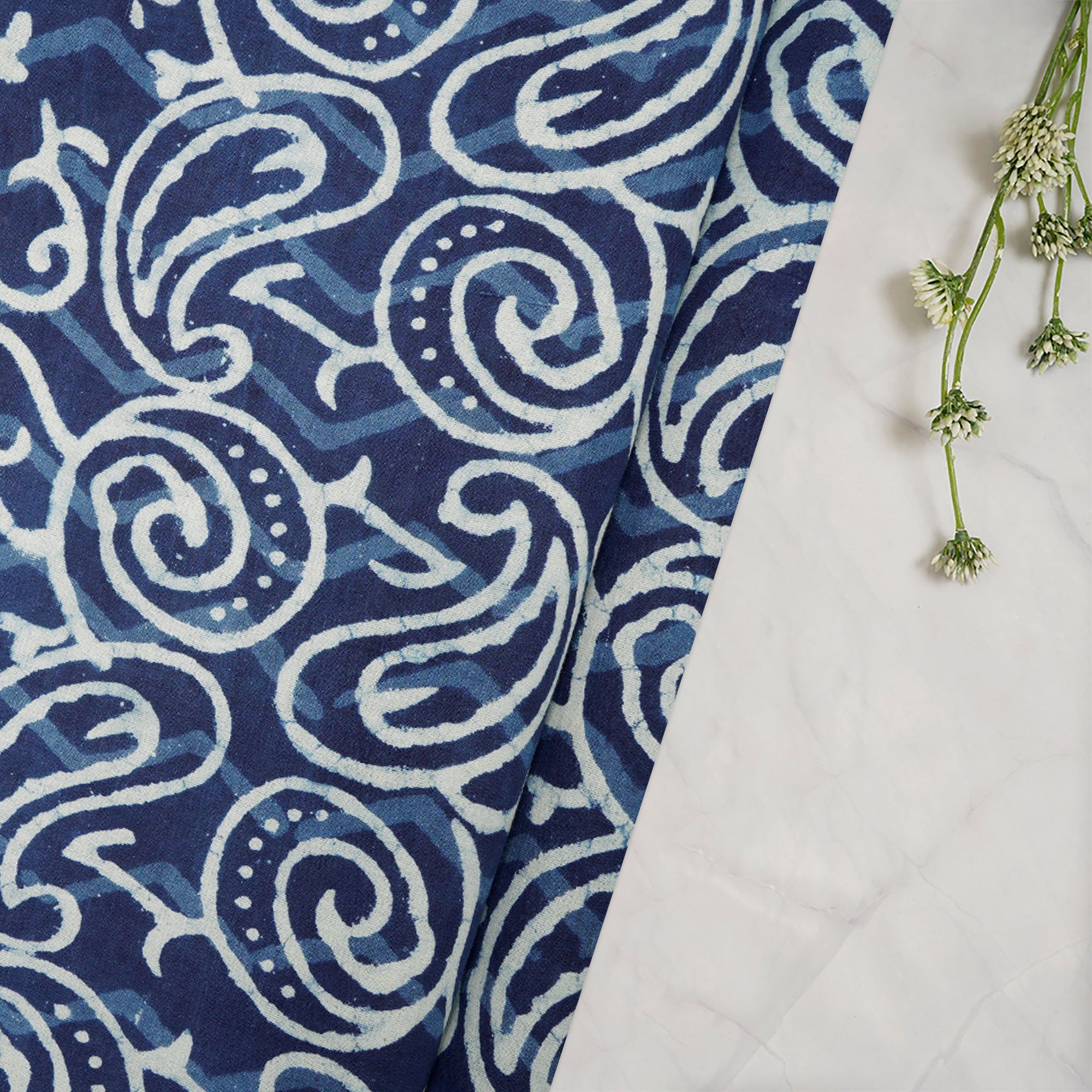 (Pre-Cut 1.40Mtr)Blue Color Hand Block Bagru Natural Dye Indigo Printed Cotton Fabric