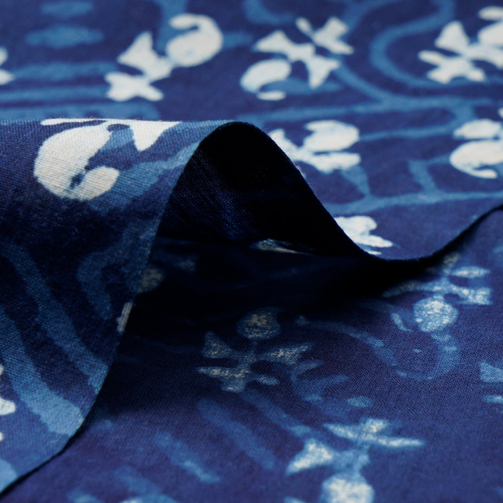 (Pre-Cut 1.55 Mtr)Blue Color Hand Block Bagru Natural Dye Indigo Printed Cotton Fabric