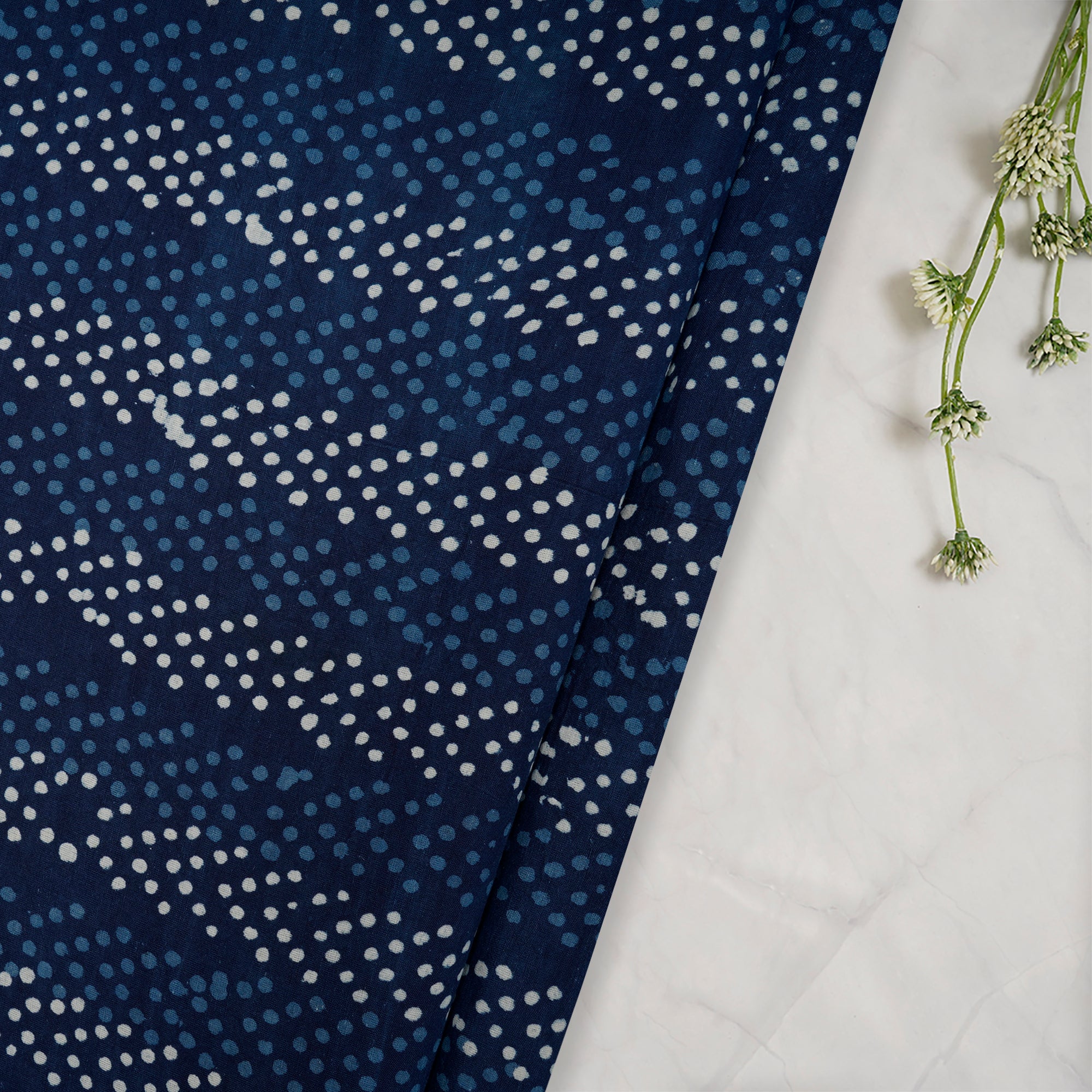 (Pre-Cut 1.90 Mtr)Blue Color Hand Block Bagru Natural Dye Indigo Printed Cotton Fabric