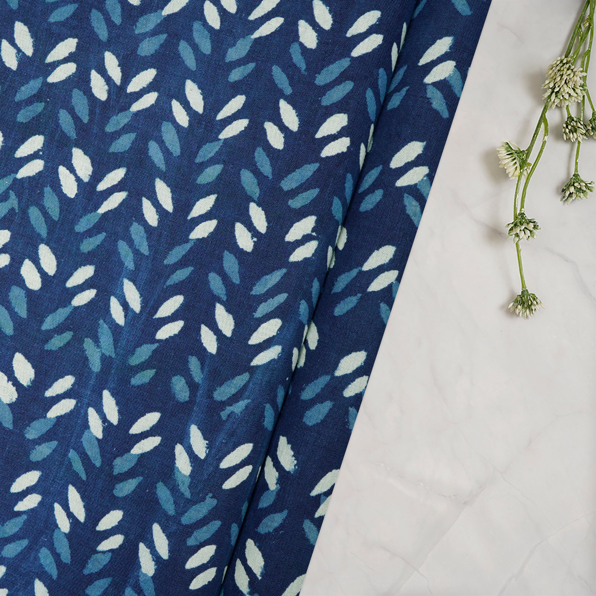 (Pre-Cut 2.20Mtr)Blue Color Hand Block Bagru Natural Dye Indigo Printed Cotton Fabric