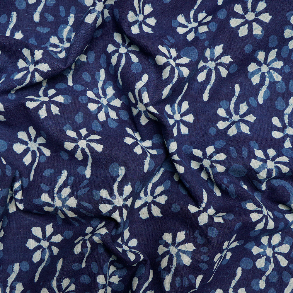 (Pre Cut 0.50 Mtr )Blue Hand Block Bagru Natural Dye Indigo Printed Cotton Fabric