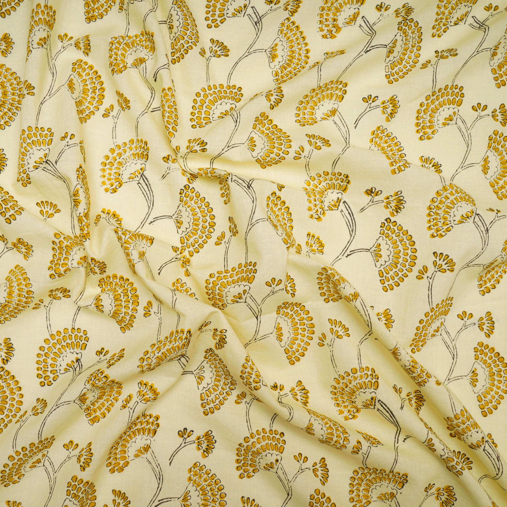 (Pre Cut 1 Mtr )Light Yellow Color Hand Block Natural Dye Bagru Dabu Printed Cotton Fabric