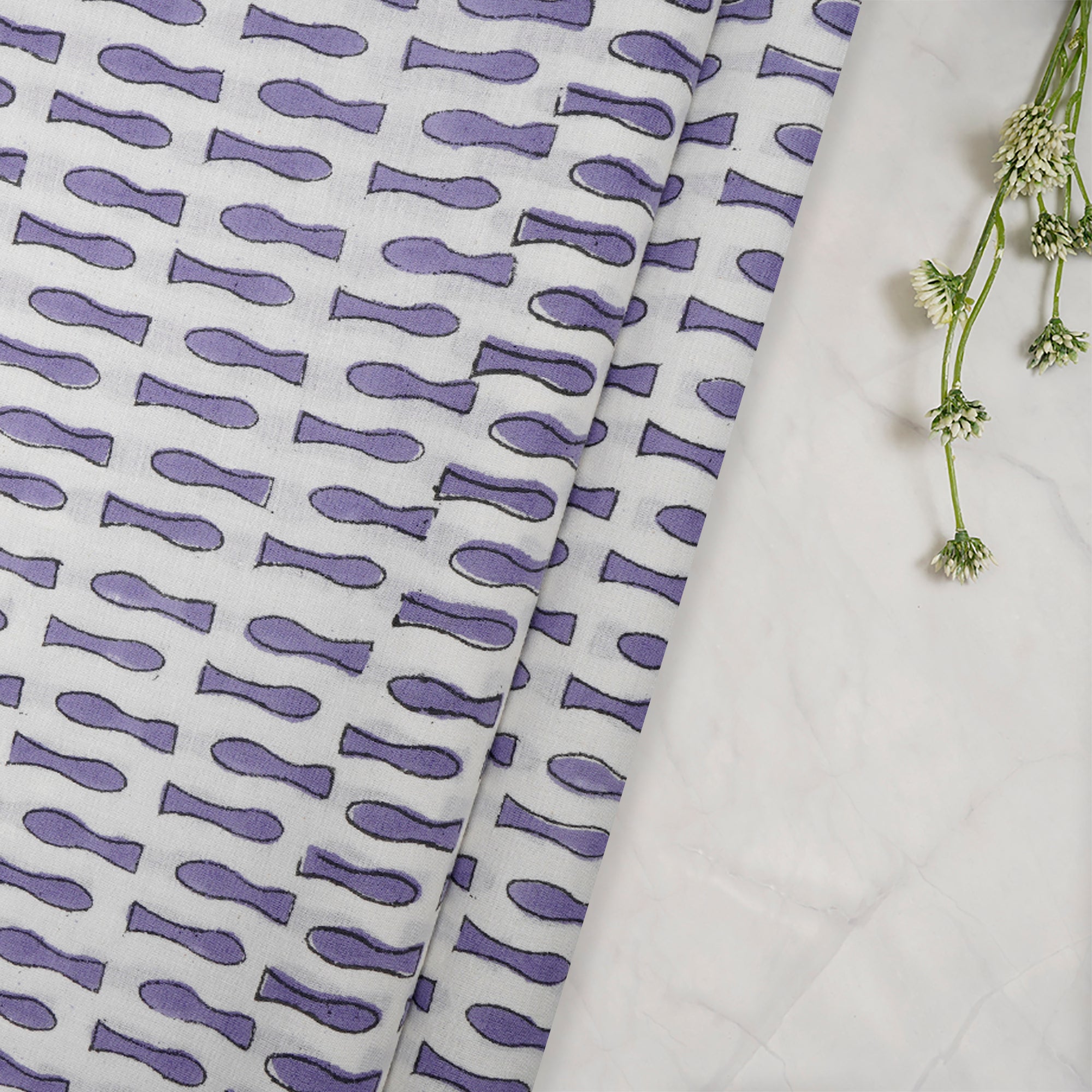 (Pre-Cut 1.00 Mtr)White-Purple All Over Pattern Hand Block Bagru Print Cotton Fabric