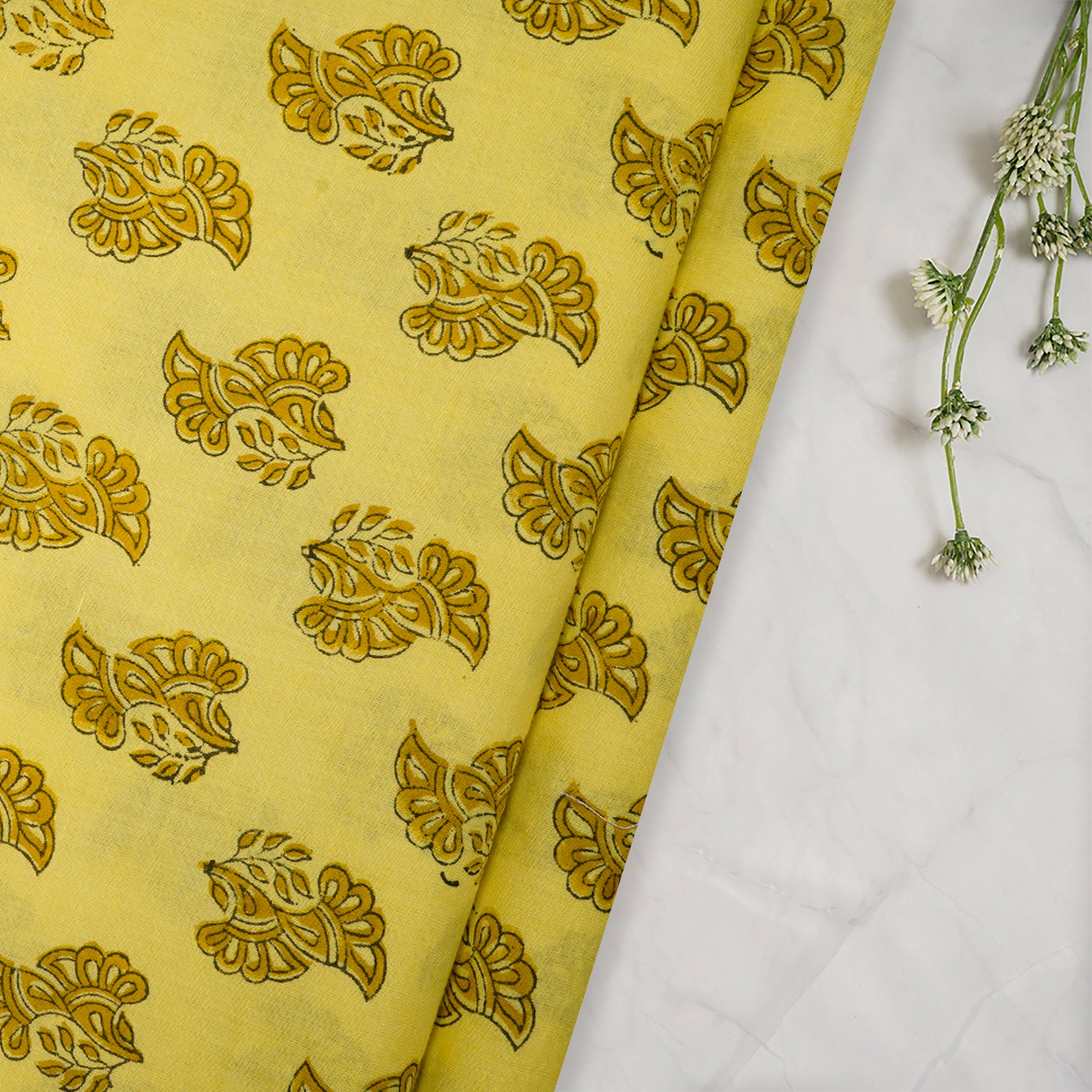 (Pre-Cut 1.40 Mtr) Yellow Hand Block Natural Dye Bagru Dabu Printed Cotton Fabric