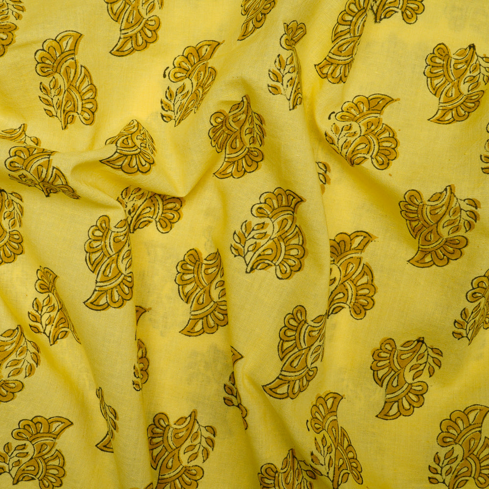 (Pre-Cut 1.40 Mtr) Yellow Hand Block Natural Dye Bagru Dabu Printed Cotton Fabric