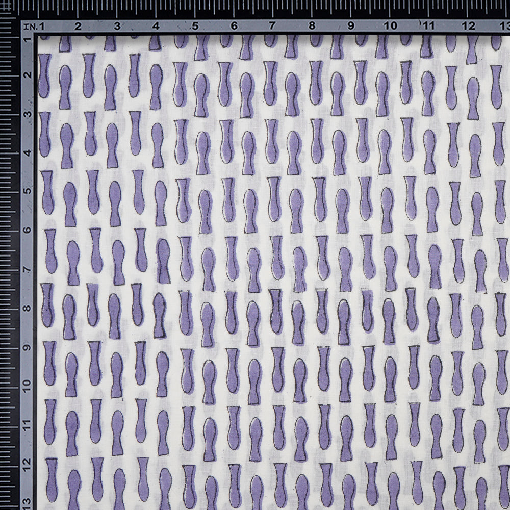 (Pre-Cut 1.70 Mtr)White-Purple All Over Pattern Hand Block Bagru Print Cotton Fabric