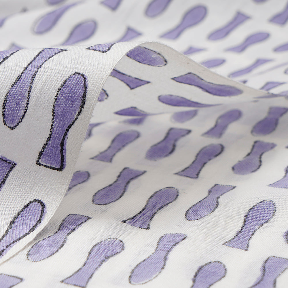 (Pre-Cut 1.70 Mtr)White-Purple All Over Pattern Hand Block Bagru Print Cotton Fabric